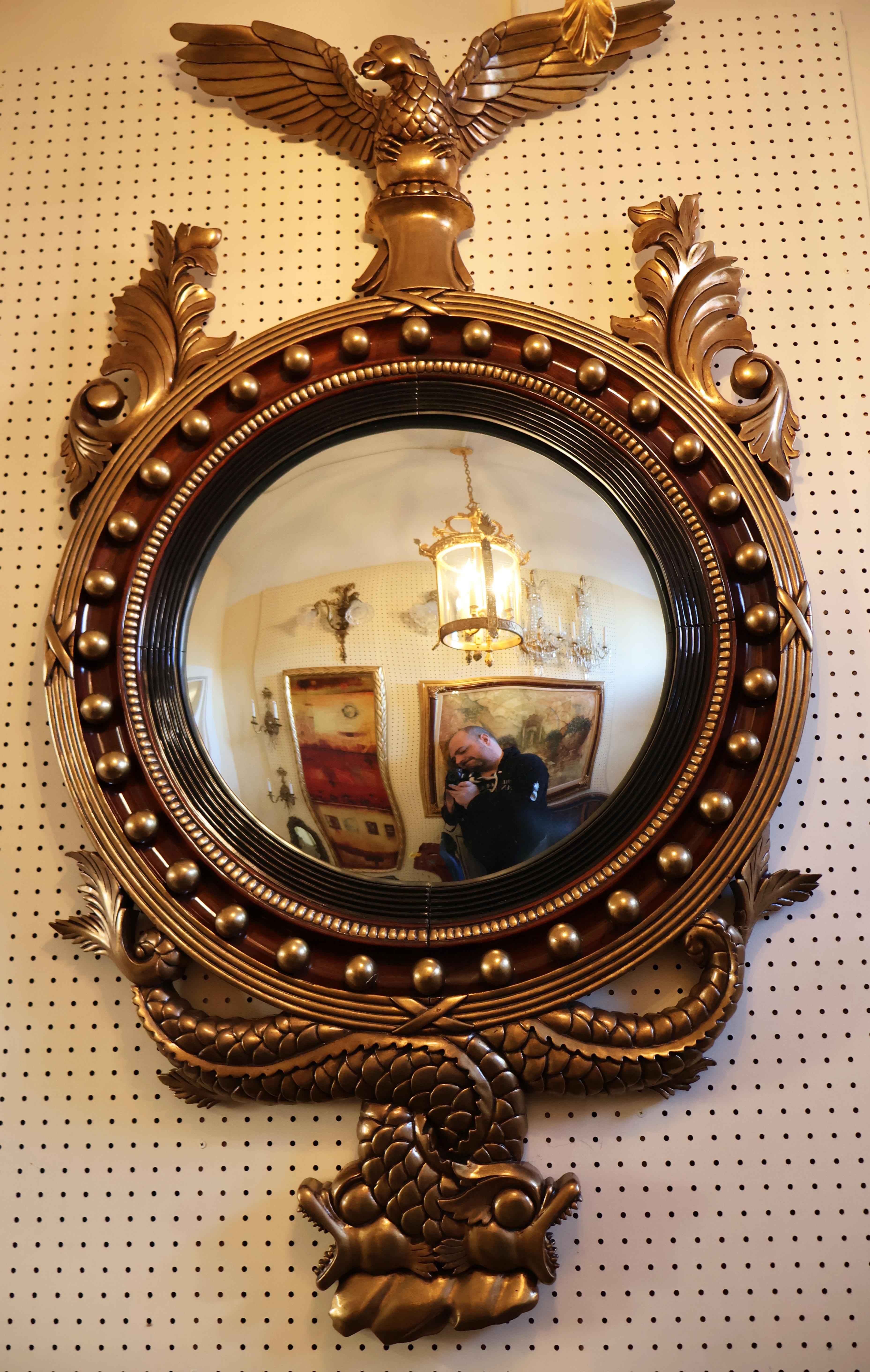American 20th Century Finely Made Large Gold Gilt & Mahogany Eagle Bullseye Mirror For Sale