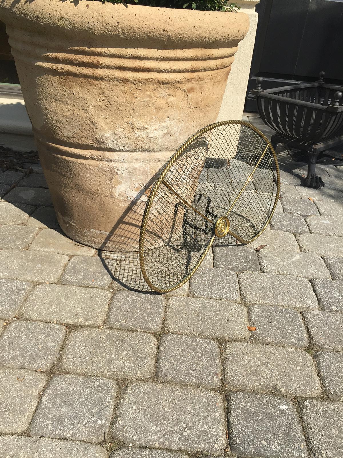 20th Century Brass and Iron Mesh Fire Deflector with Flower Motif 1