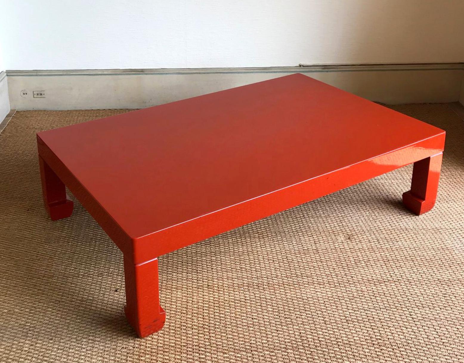 Lacquered 20th Century Fire Red Lacquer Low Table in Chinese Style For Sale