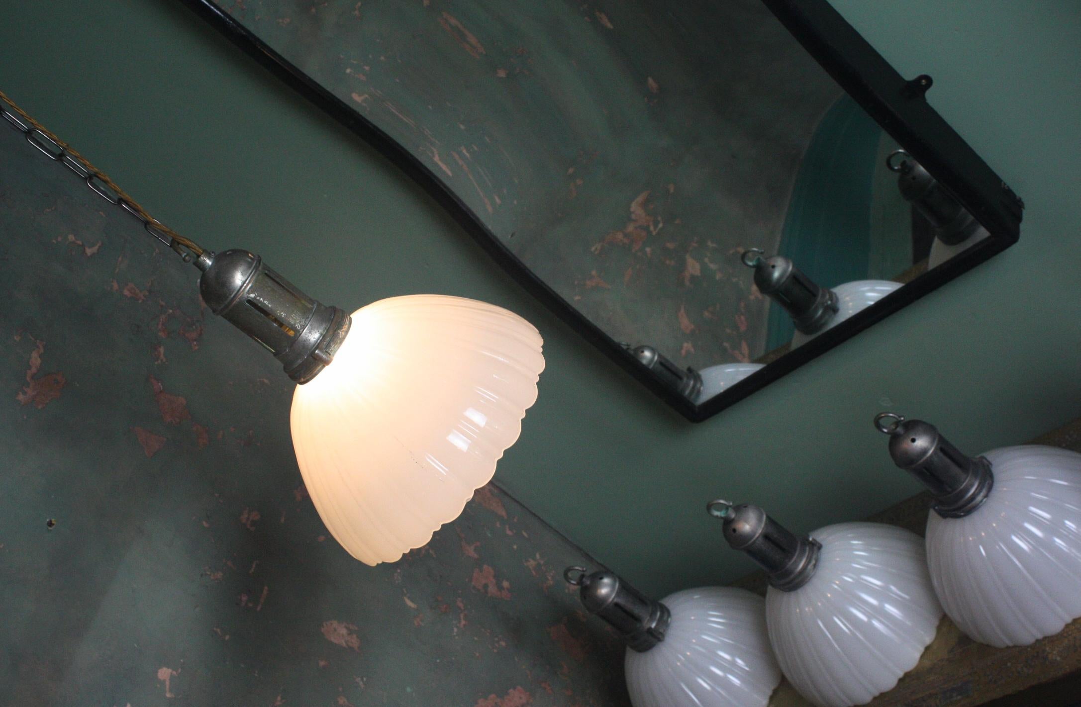 20th.C Five Large Jefferson Milk Glass Fluted Pendants Lights, One Remaining In Good Condition In Lowestoft, GB