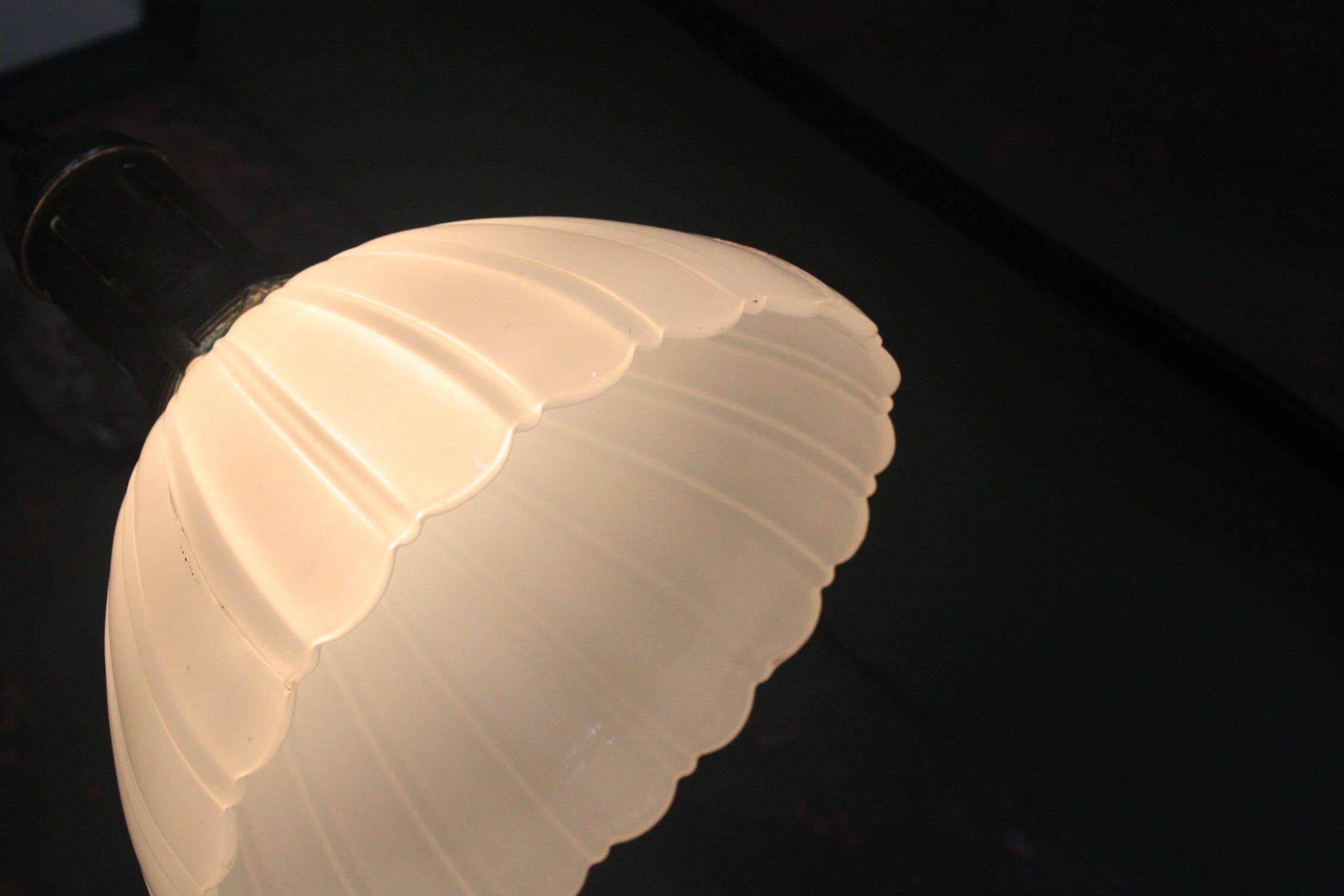 20th Century 20th.C Five Large Jefferson Milk Glass Fluted Pendants Lights, One Remaining