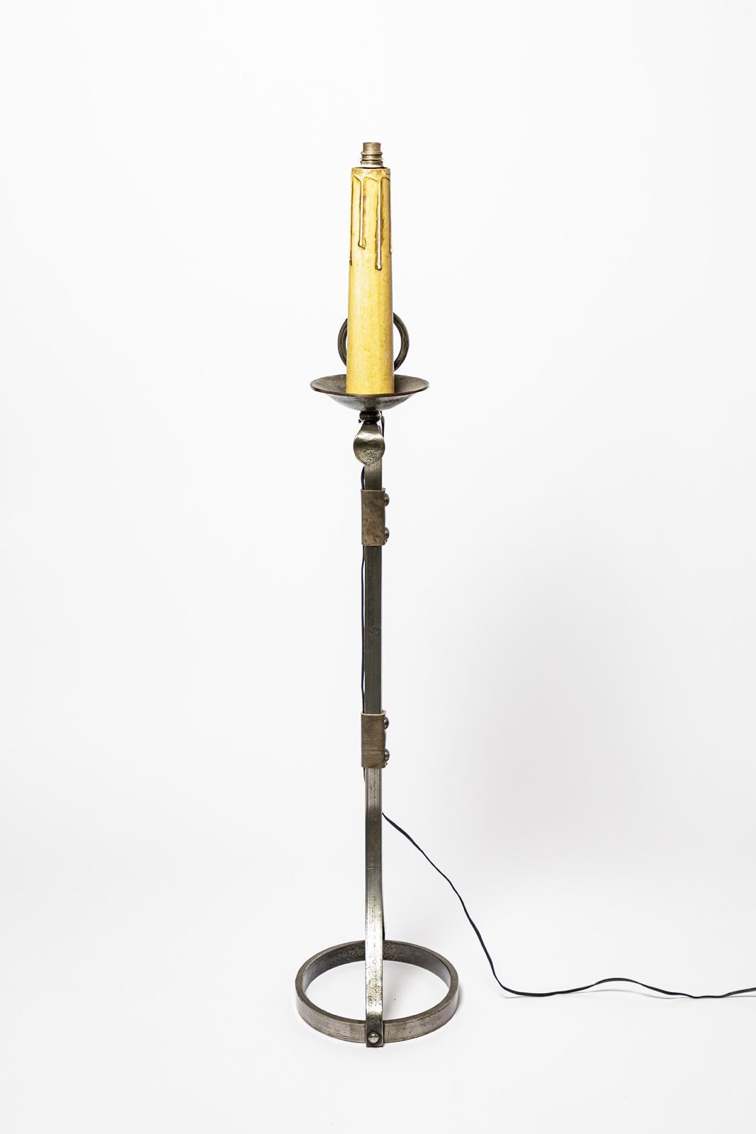 French 20th century floor lamp metal and leather by Jean Pierre Ryckaert Style of adnet For Sale
