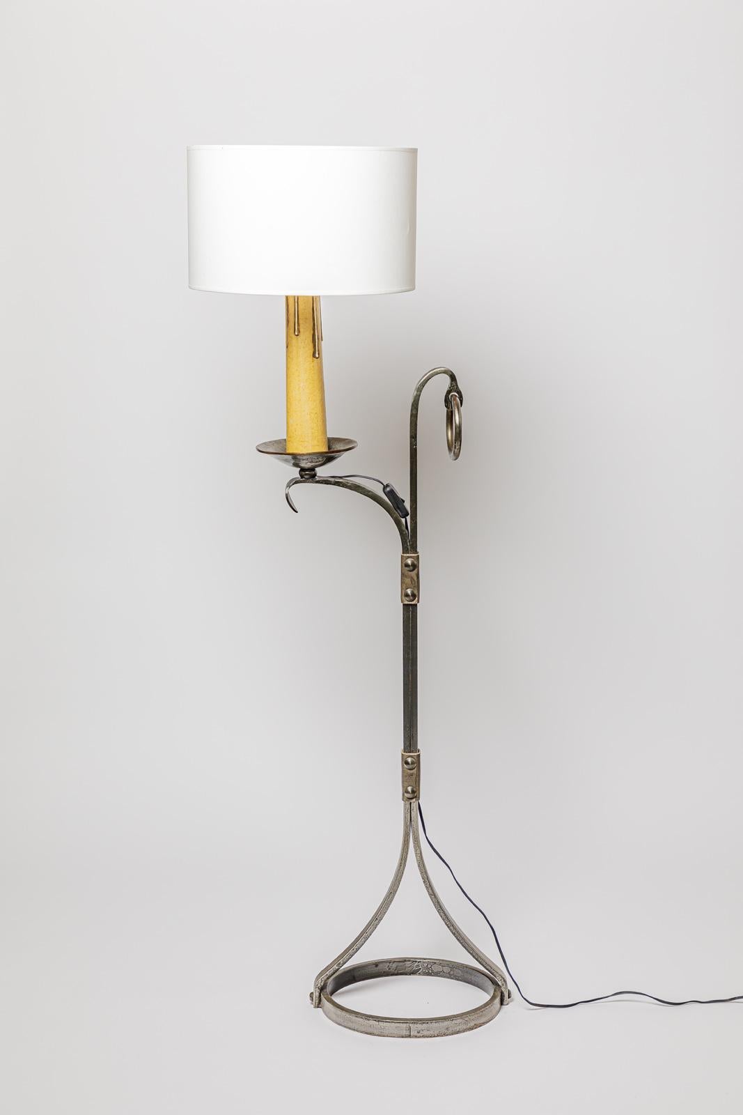 20th century floor lamp metal and leather by Jean Pierre Ryckaert Style of adnet For Sale 2