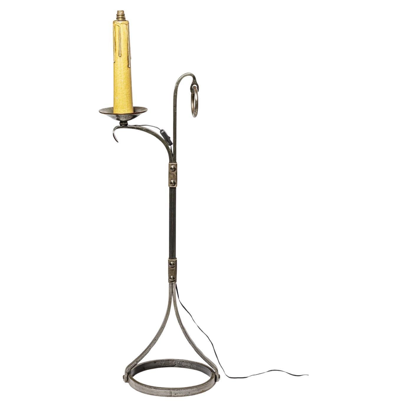 20th century floor lamp metal and leather by Jean Pierre Ryckaert Style of adnet For Sale