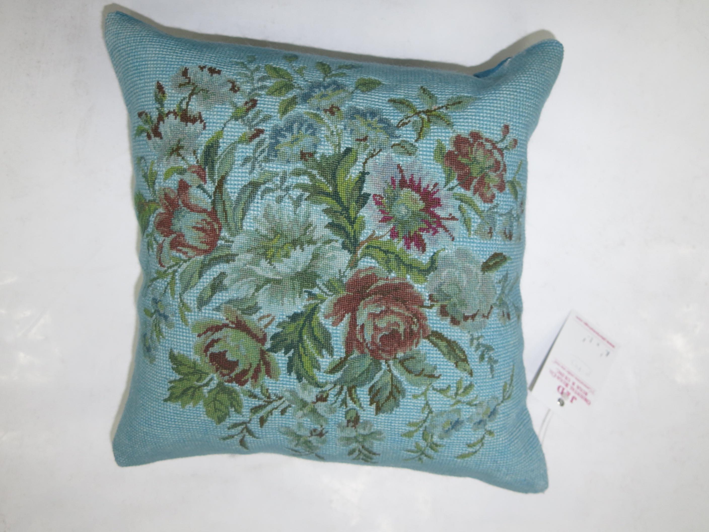 Aubusson 20th Century Floral Blue Over-Dyed Portuguese Needlepoint Pillow