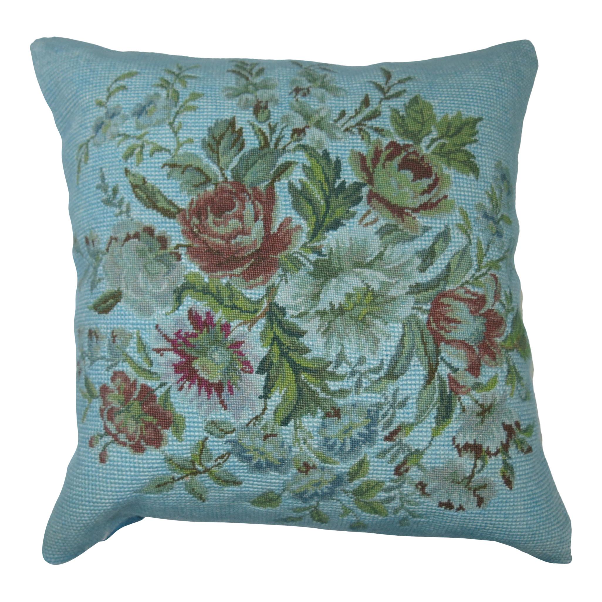 20th Century Floral Blue Over-Dyed Portuguese Needlepoint Pillow