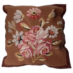 Retro Floral French Aubusson Tapestry Style Needlepoint Square Pillow 16 x 16 inches