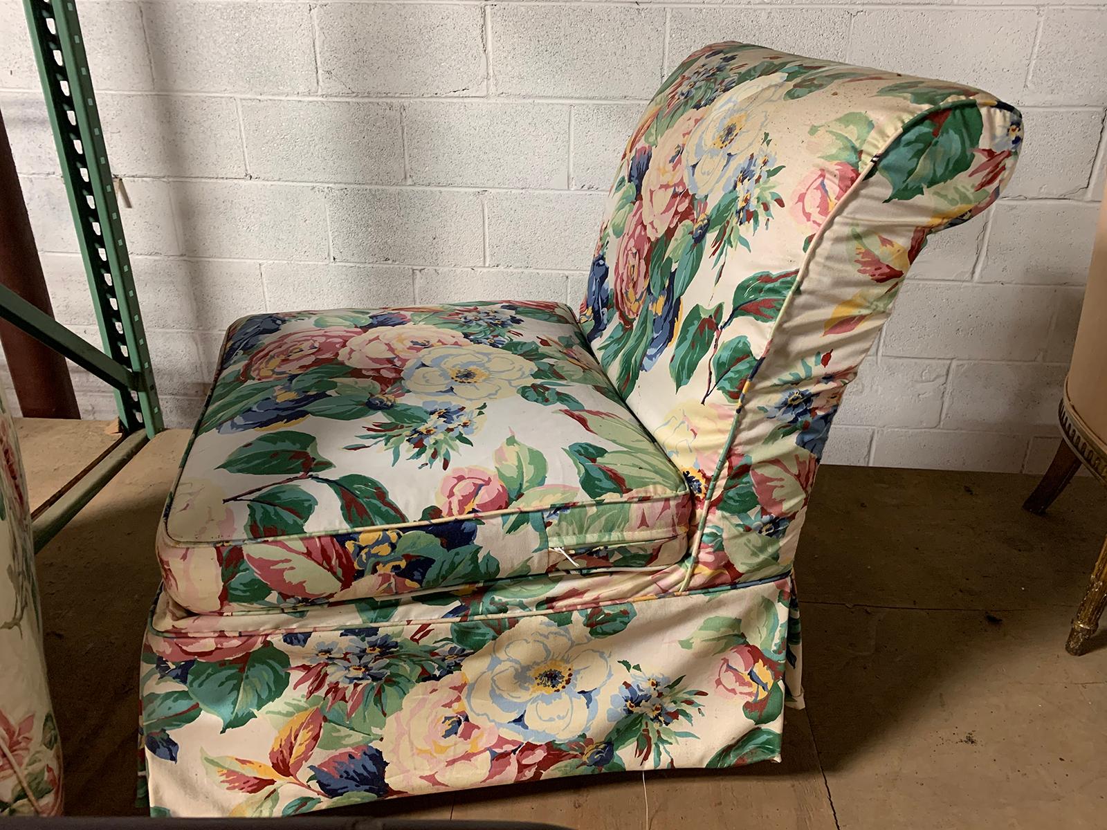 20th century floral upholstered slipper chair.