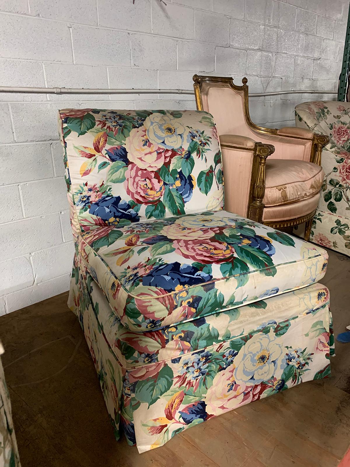 20th Century Floral Upholstered Slipper Chair In Good Condition For Sale In Atlanta, GA