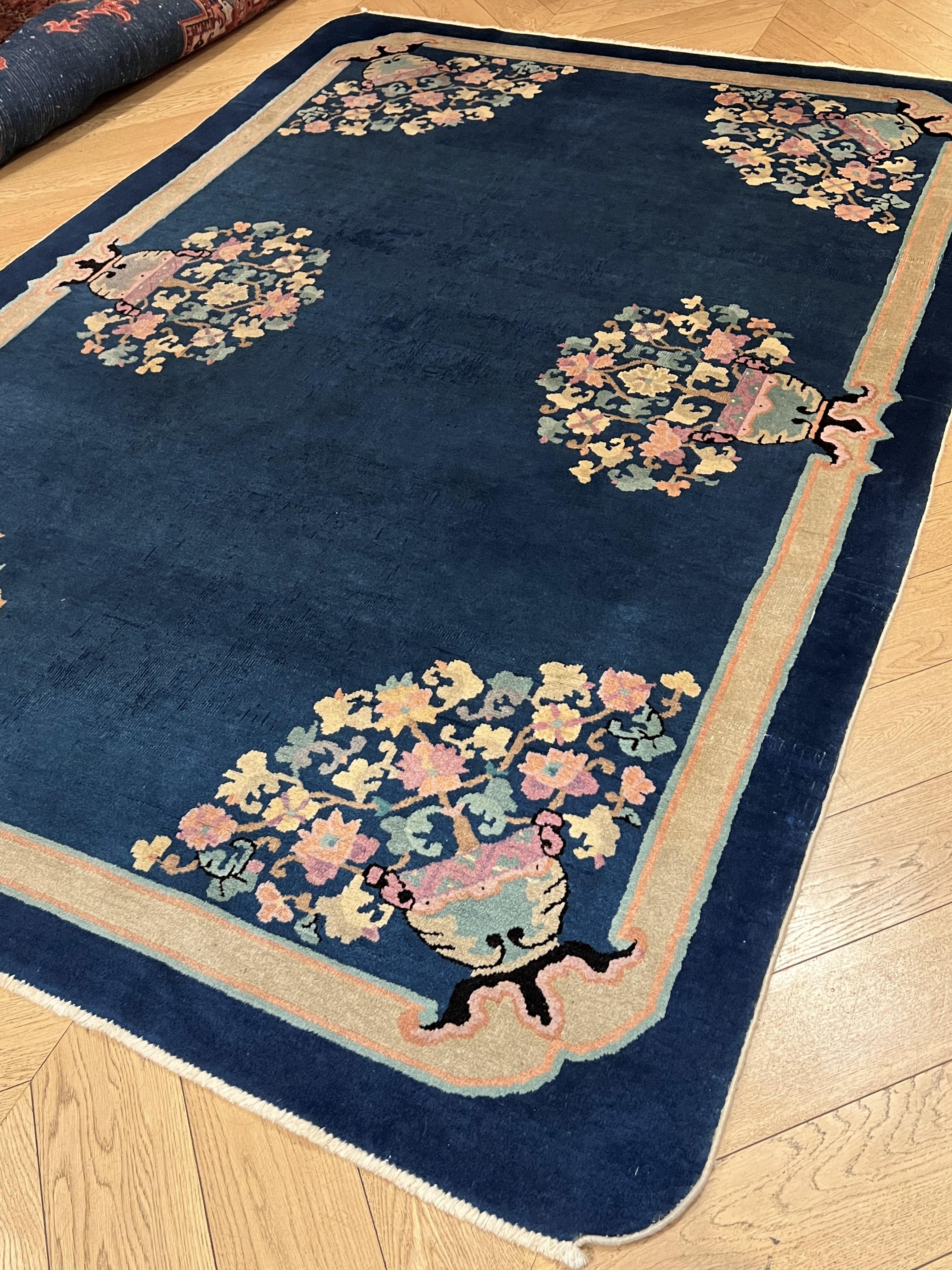 Hand-Knotted 20th Century Floreal Blue Chinese Deco Handmade Rug, ca 1920-1940