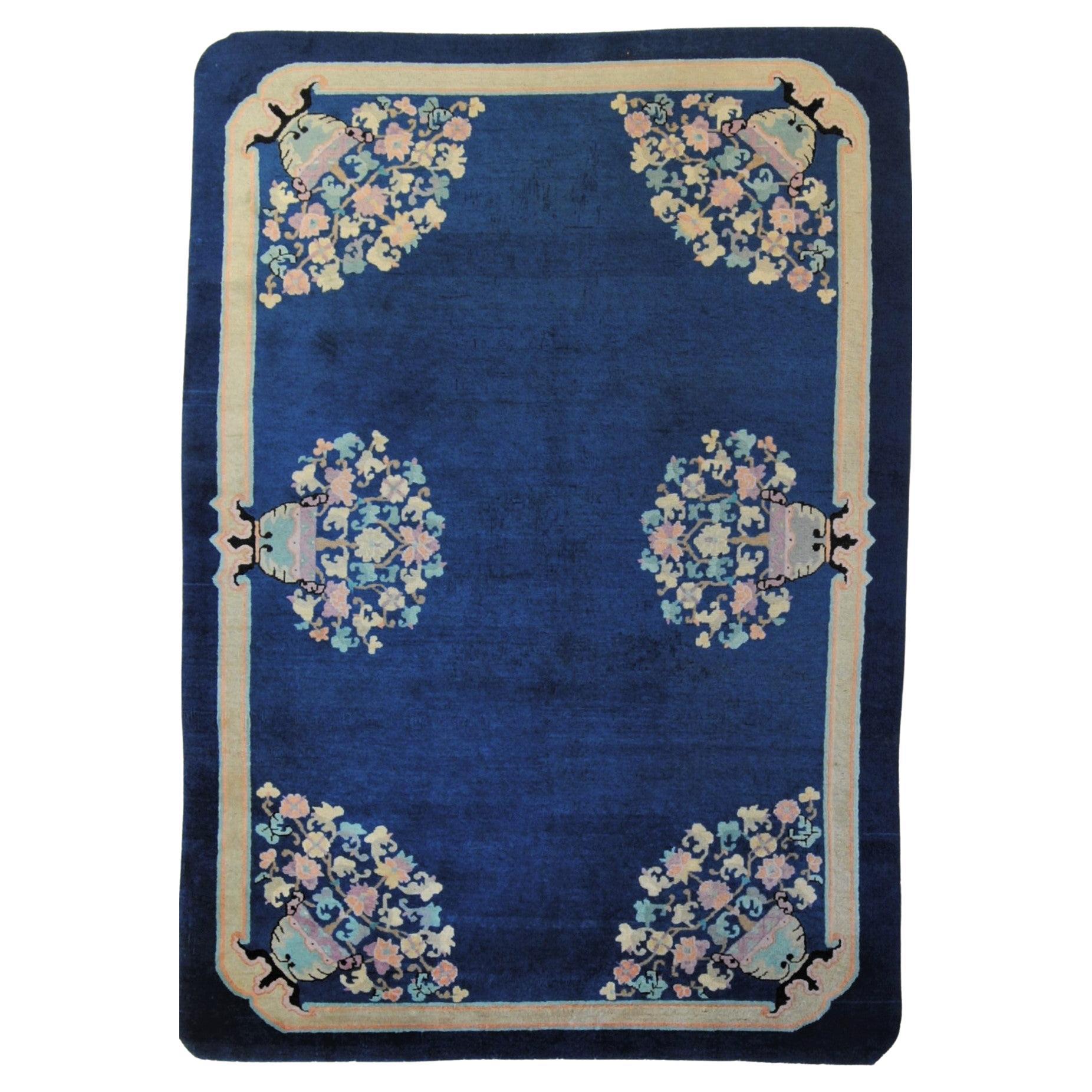 20th Century Floreal Blue Chinese Deco Handmade Rug, ca 1920-1940