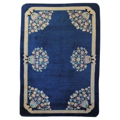 20th Century Floreal Blue Chinese Deco Handmade Rug, ca 1920-1940
