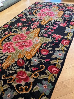 20th Century Floreal Pink, Green, Brown and Black background, Bessarabian Kilim