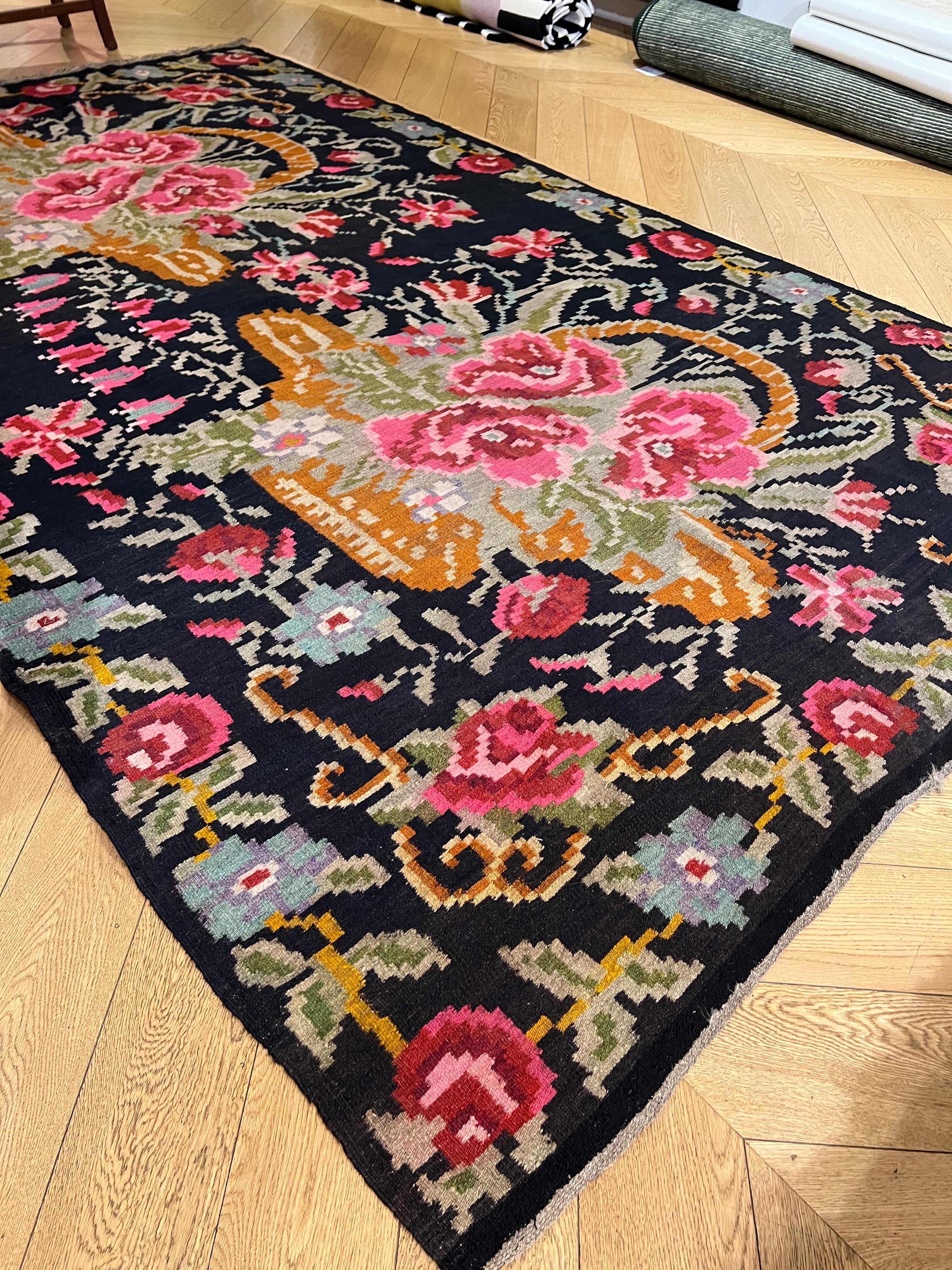 Ukrainian 20th Century Floreal Pink, Green, Brown and Black background, Bessarabian Kilim  For Sale