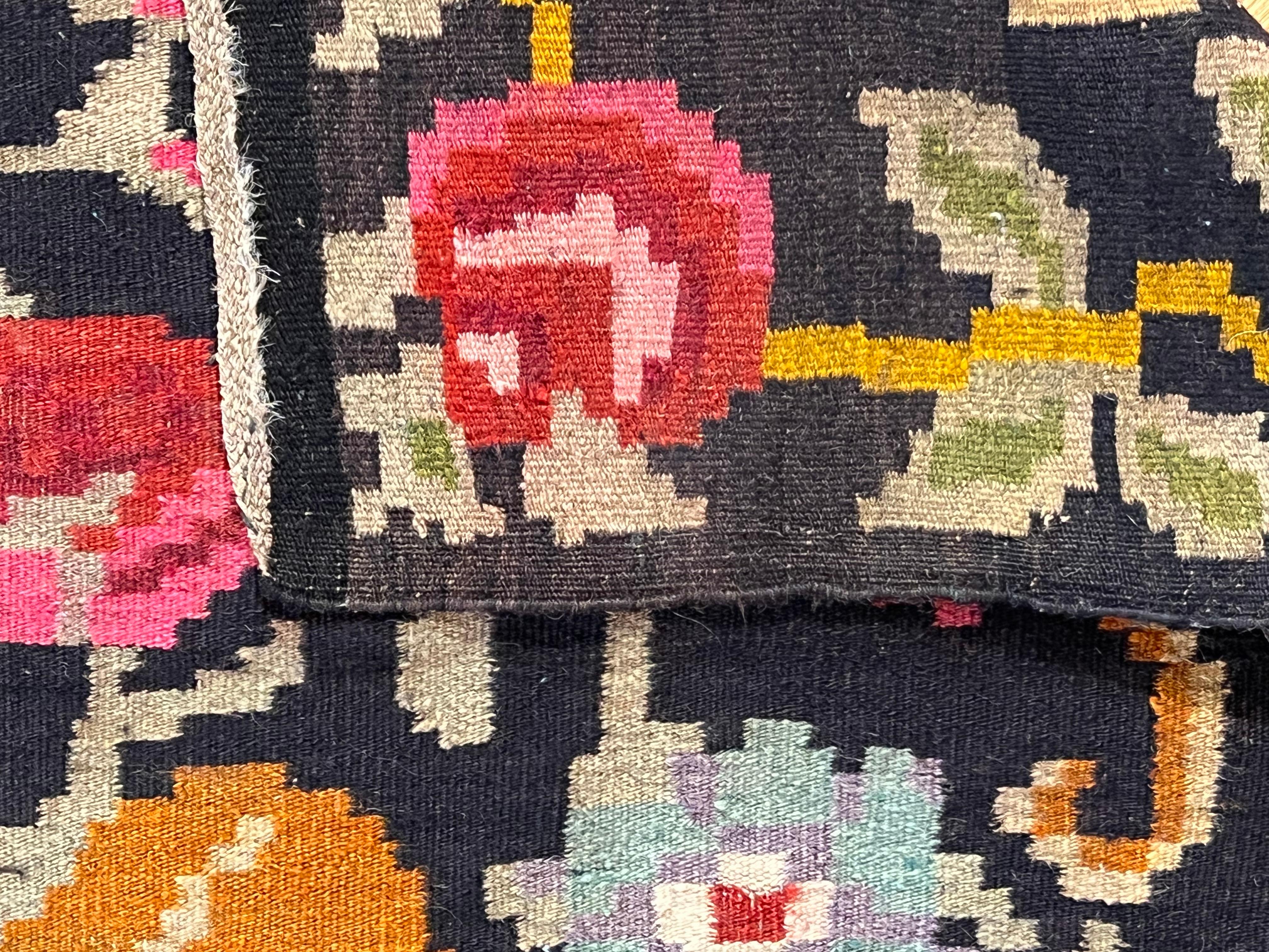 20th Century Floreal Pink, Green, Brown and Black background, Bessarabian Kilim For Sale 1