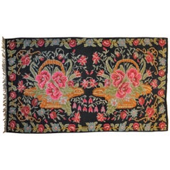 20th Century Floreal Pink, Green, Brown and Black background, Bessarabian Kilim
