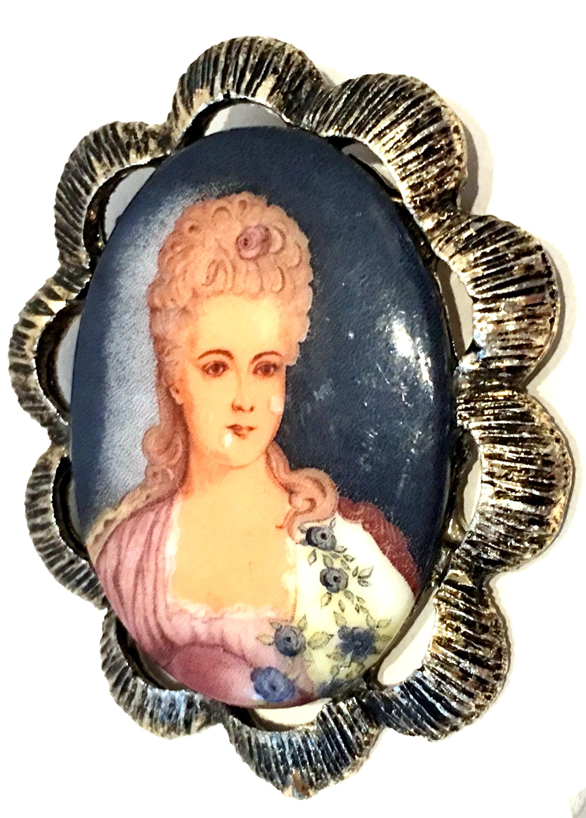 Victorian 20th Century Florenza Style Silver Plate Hand Painted Portrait Brooch For Sale