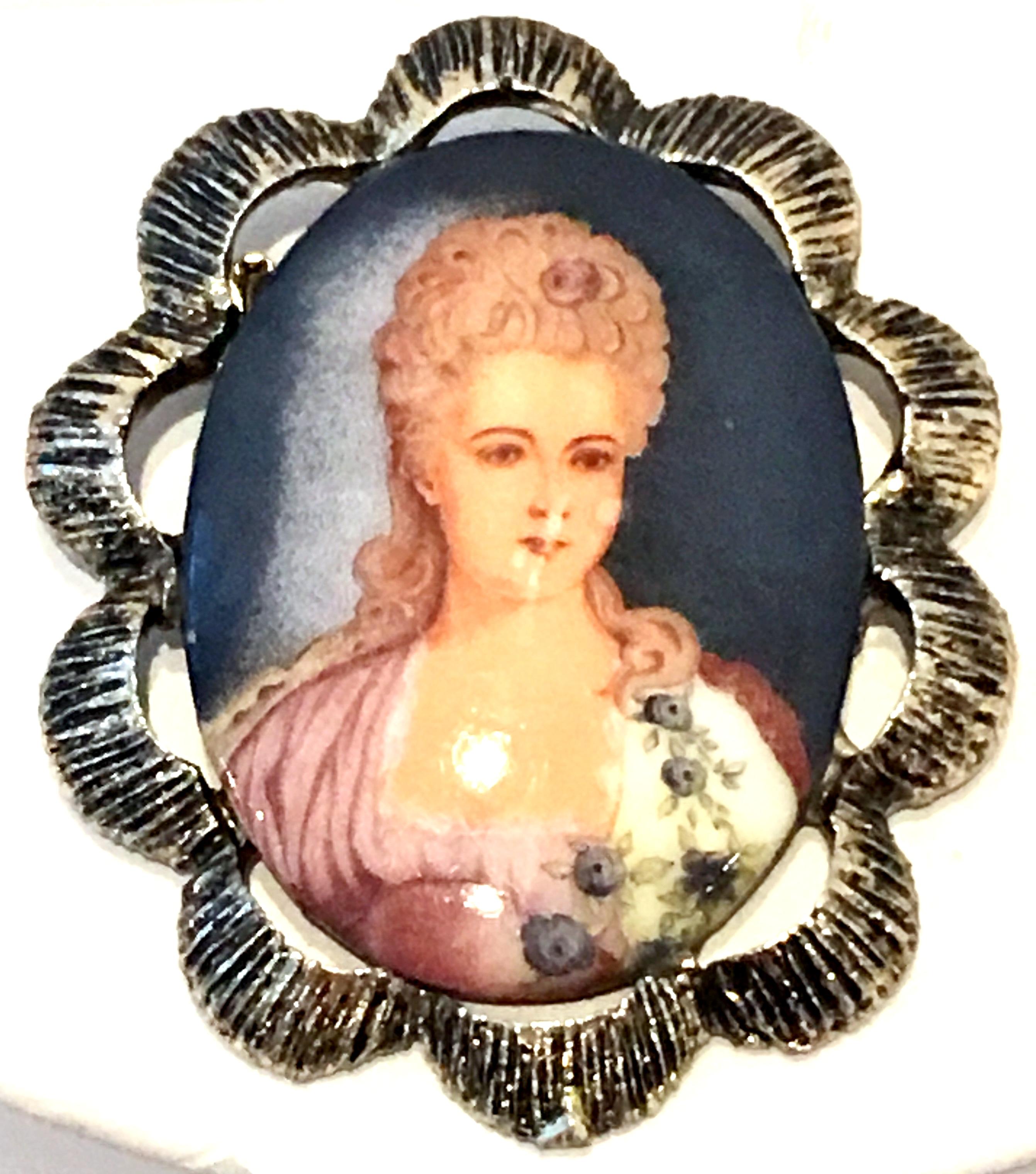 20th Century Florenza Style Silver Plate Hand Painted Portrait Brooch In Good Condition For Sale In West Palm Beach, FL