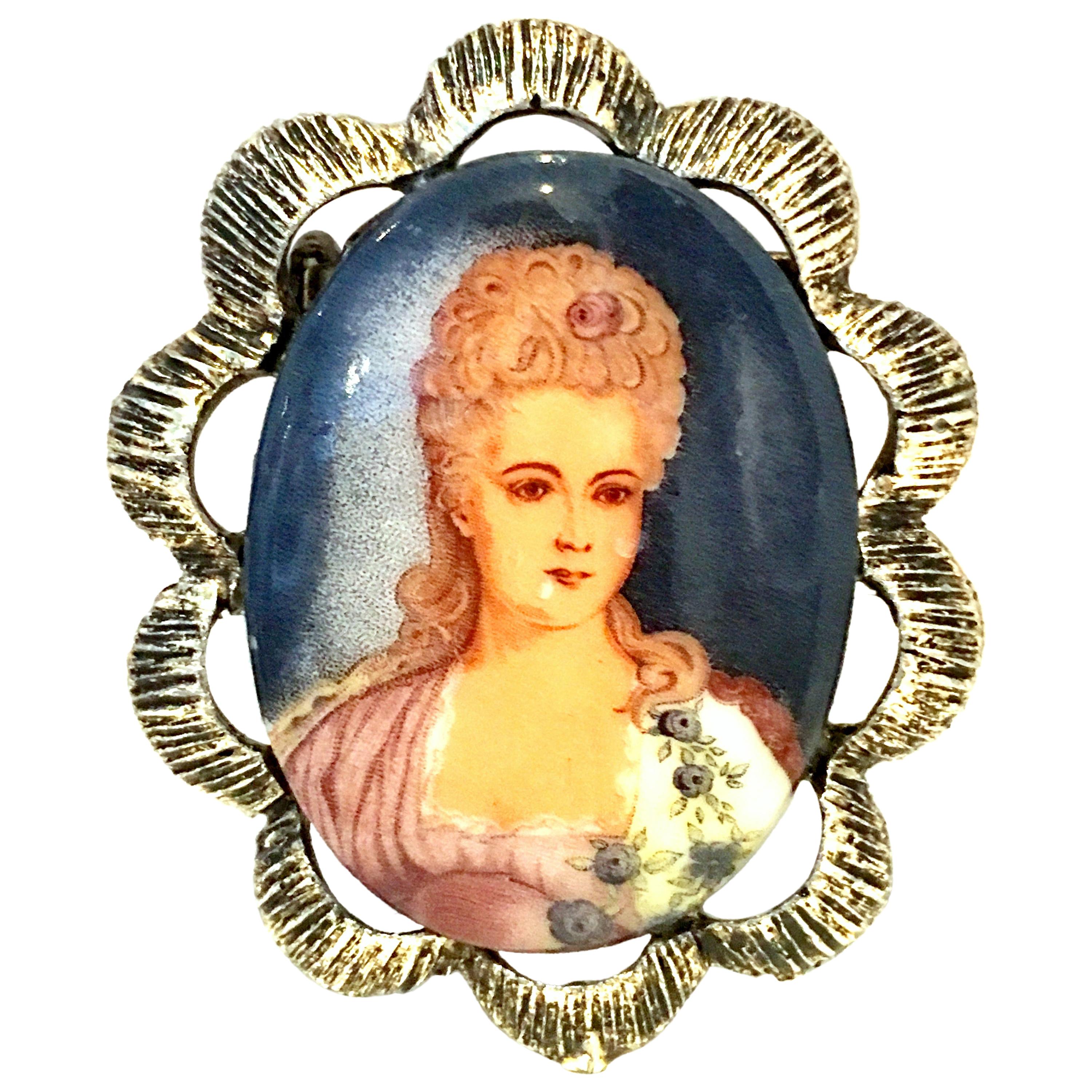 20th Century Florenza Style Silver Plate Hand Painted Portrait Brooch For Sale