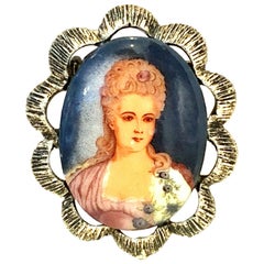 Vintage 20th Century Florenza Style Silver Plate Hand Painted Portrait Brooch