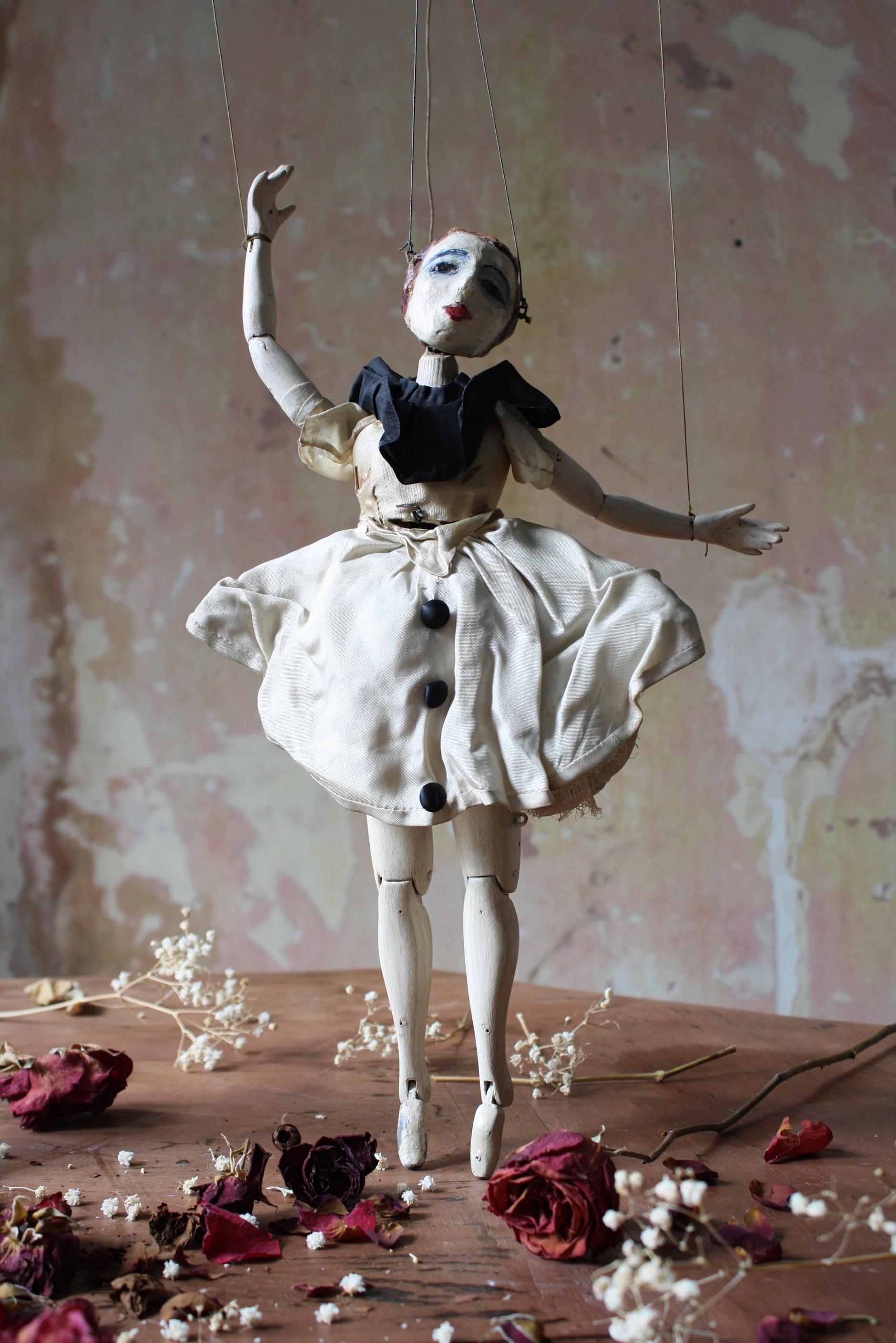 Silk 20th Century Folk Art John Carr's Jacquard Puppets Marionette Pierrot & Pierette For Sale