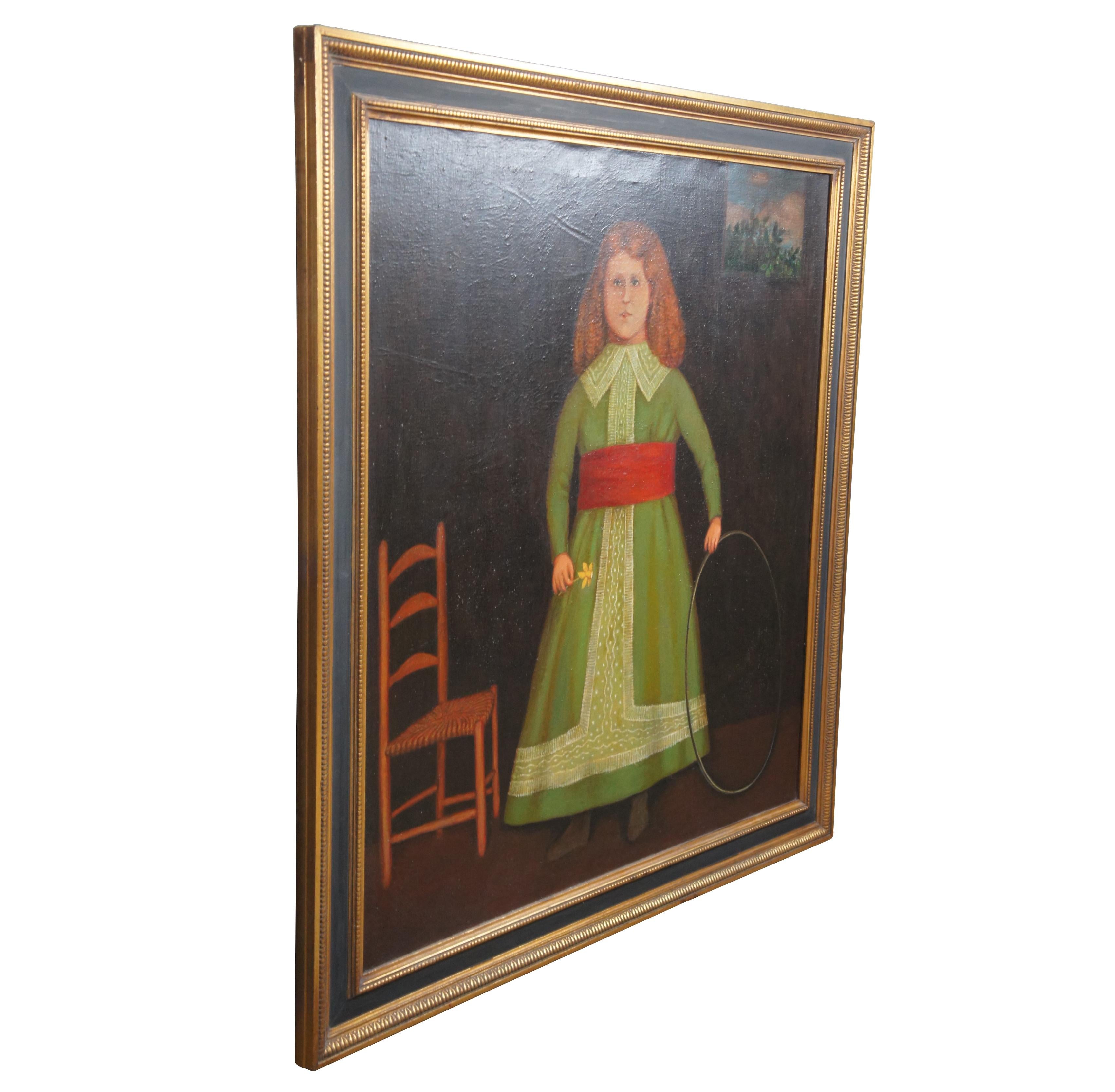 A Large format Primitive Folk Art style full length portrait painting, circa last half 20th century. Features a young girl with red hair dressed in a green dress besides a Shaker chair with hoop in one hand and daisy in the other. The portrait is
