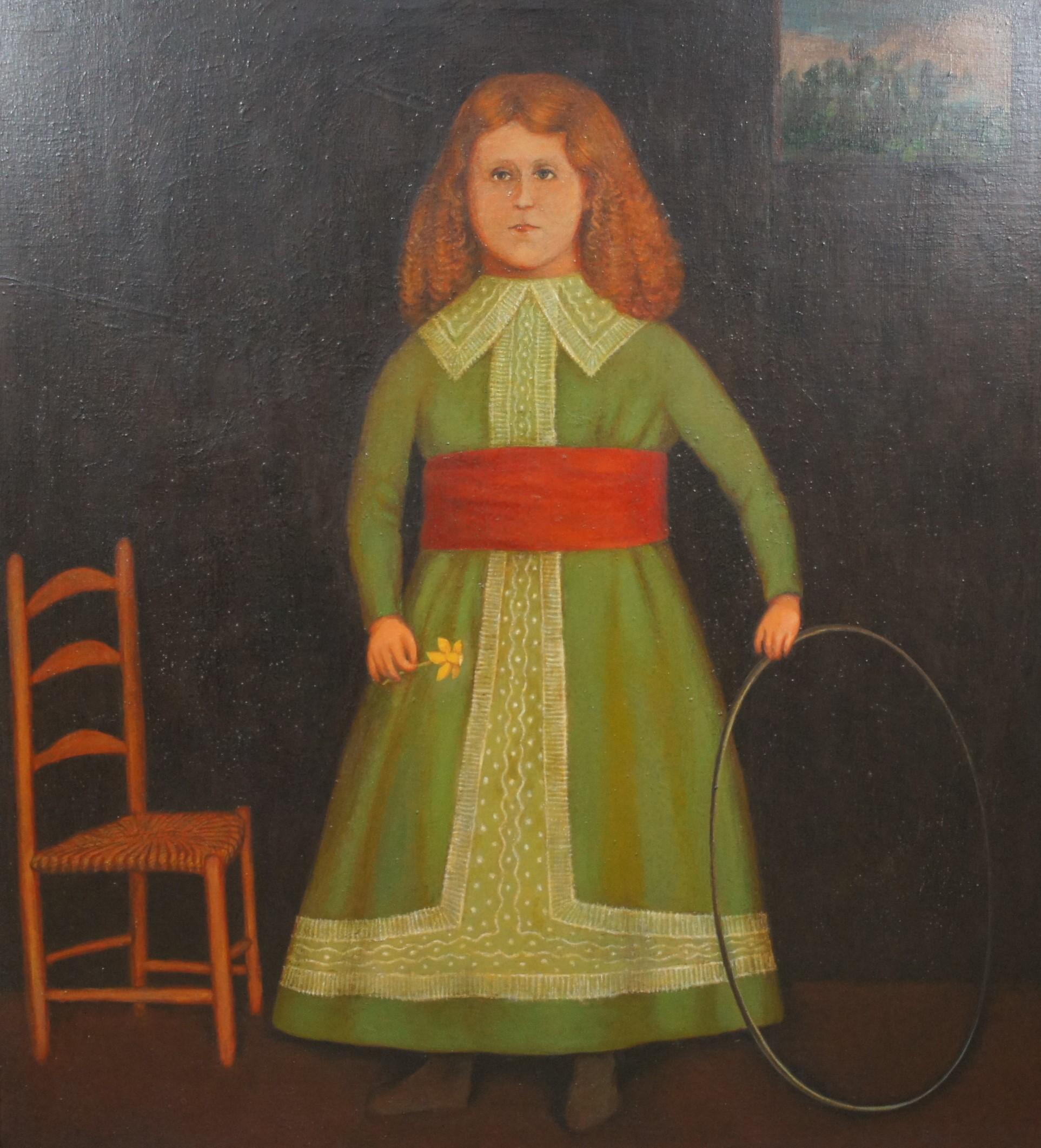 20th Century Folk Art Portrait of a Young Girl with Hoop Oil Painting Canvas In Good Condition In Dayton, OH
