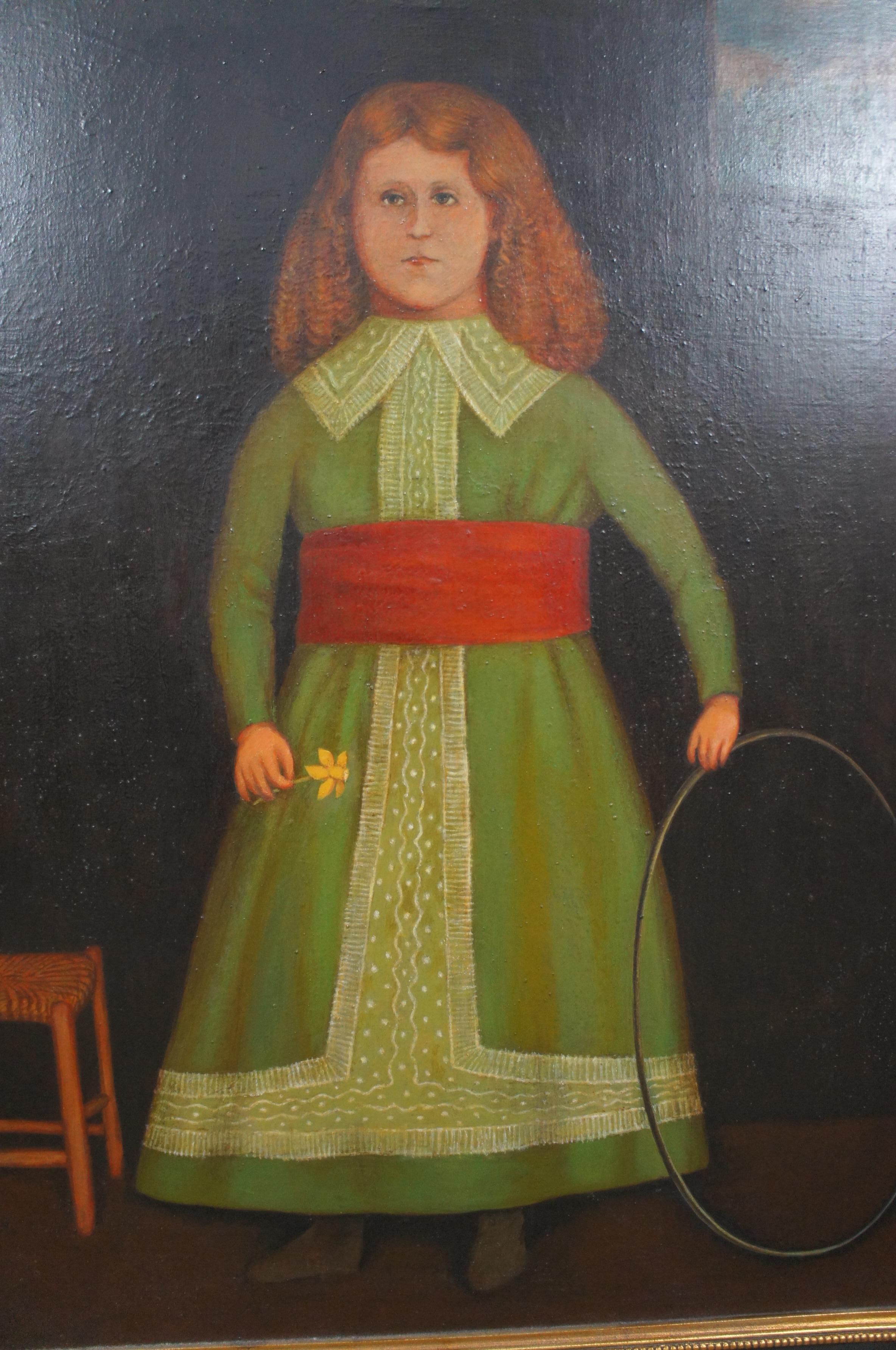 20th Century Folk Art Portrait of a Young Girl with Hoop Oil Painting Canvas 1