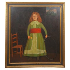 20th Century Folk Art Portrait of a Young Girl with Hoop Oil Painting Canvas