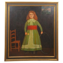 Antique 20th Century Folk Art Portrait of a Young Girl with Hoop Oil Painting Canvas