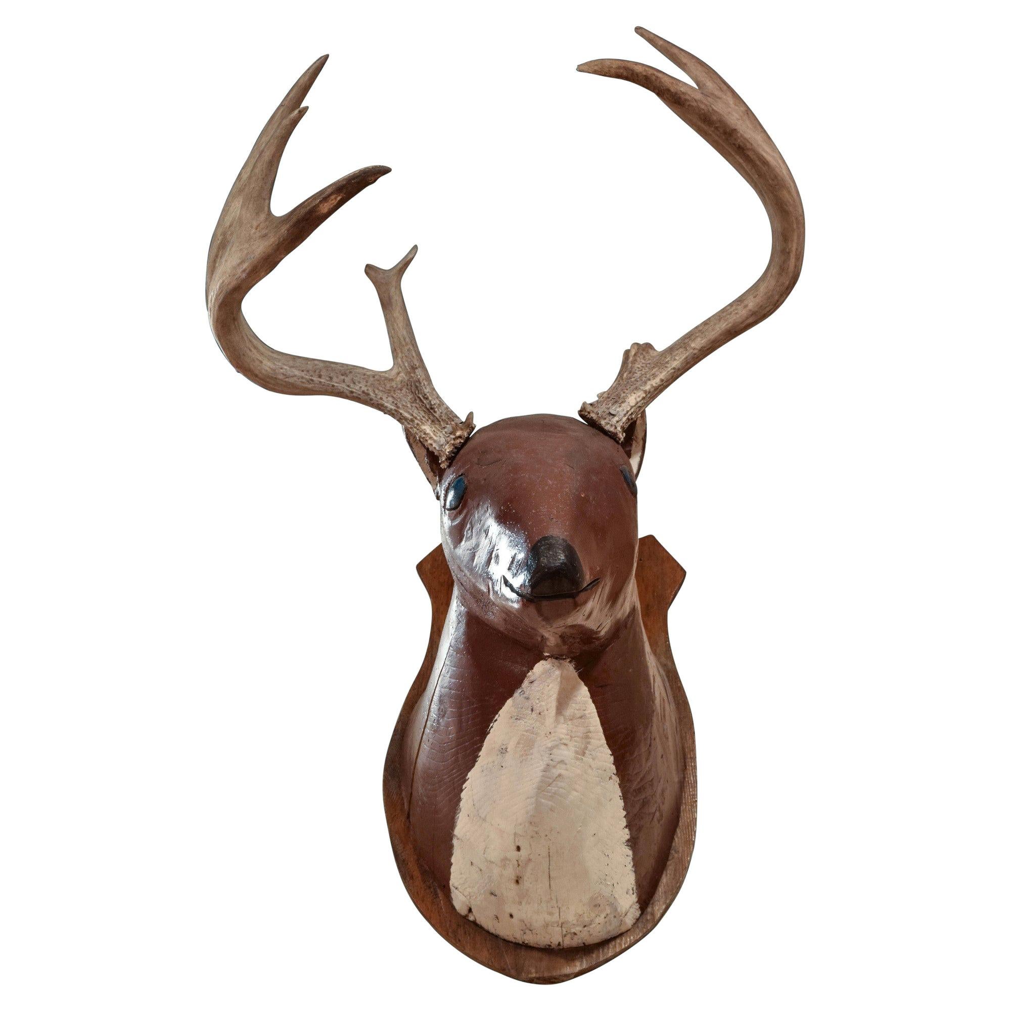 20th Century Folky Carved and Painted Whitetail Deer mount
