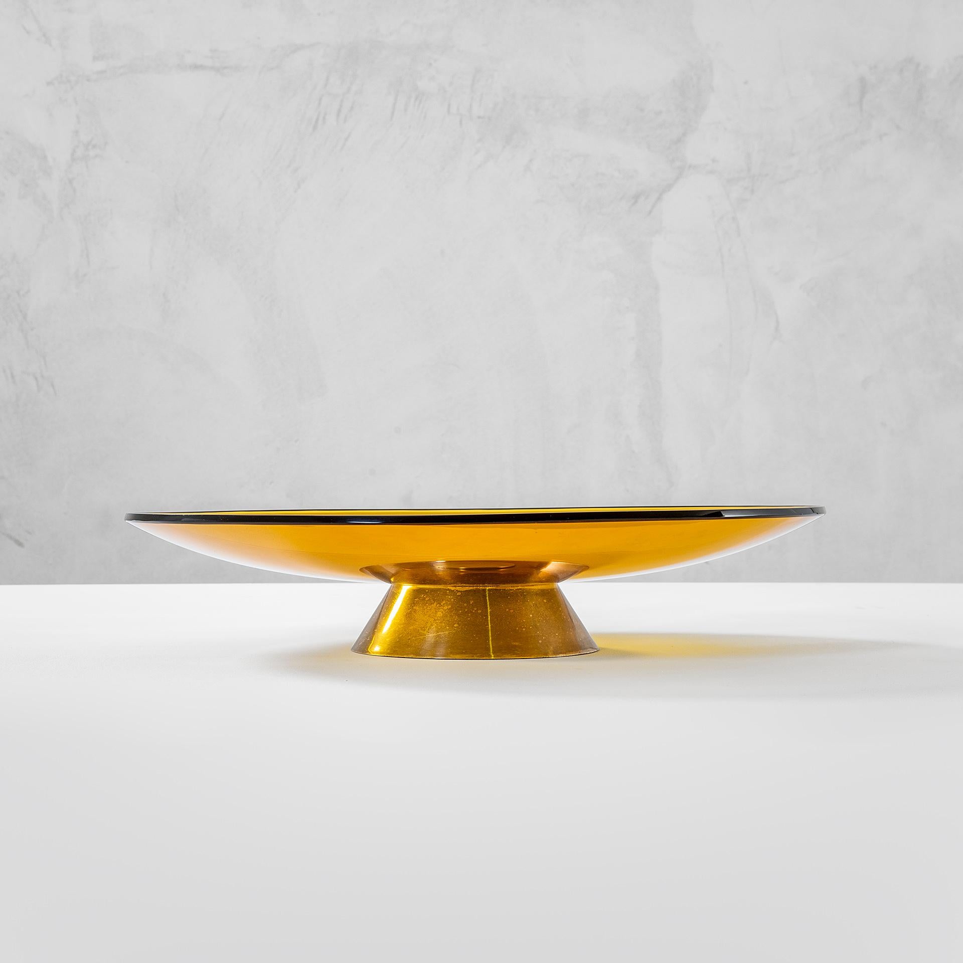 Very beautiful Centerpiece designed by Max Ingrand for Fontana Arte, model 2039, designed in '60s. The Bowl has a base in silvered metal and then it is entirely in colored glass (orange). This centerpiece is perfect to be set in the middle of a