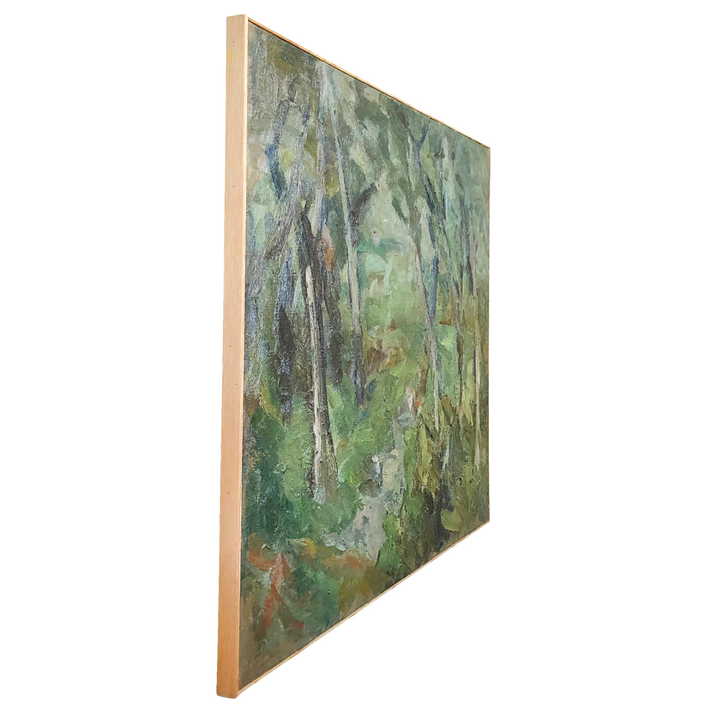 A forest landscape painting in green, oil on wood by Daniel Clesse, painted in France, signed and dated in 1962.

Daniel Clesse was a French painter born in 1932 Paris, France and passed away in 2016. He and his wife Christiane Clesse dedicated