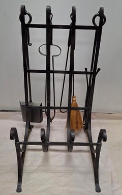 20th Century Forged and Hammered Iron Fireplace Lock Holder Stand with Tools Set