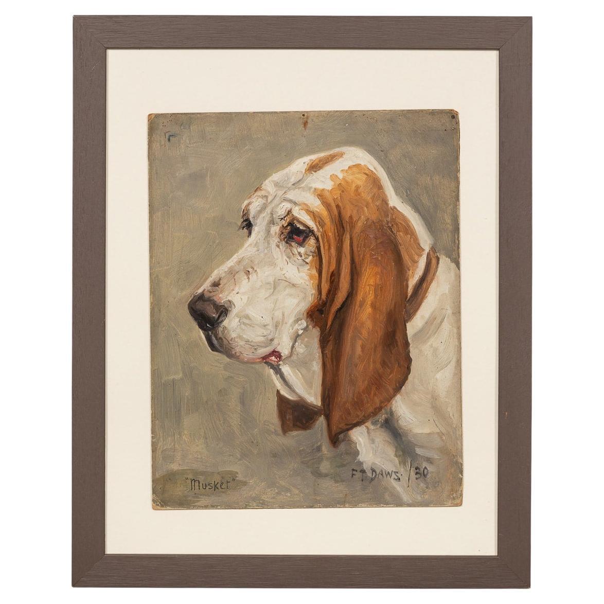 20th Century Framed Basset Hound Oil On Canvas By Frederick Thomas Daws c.1930 For Sale