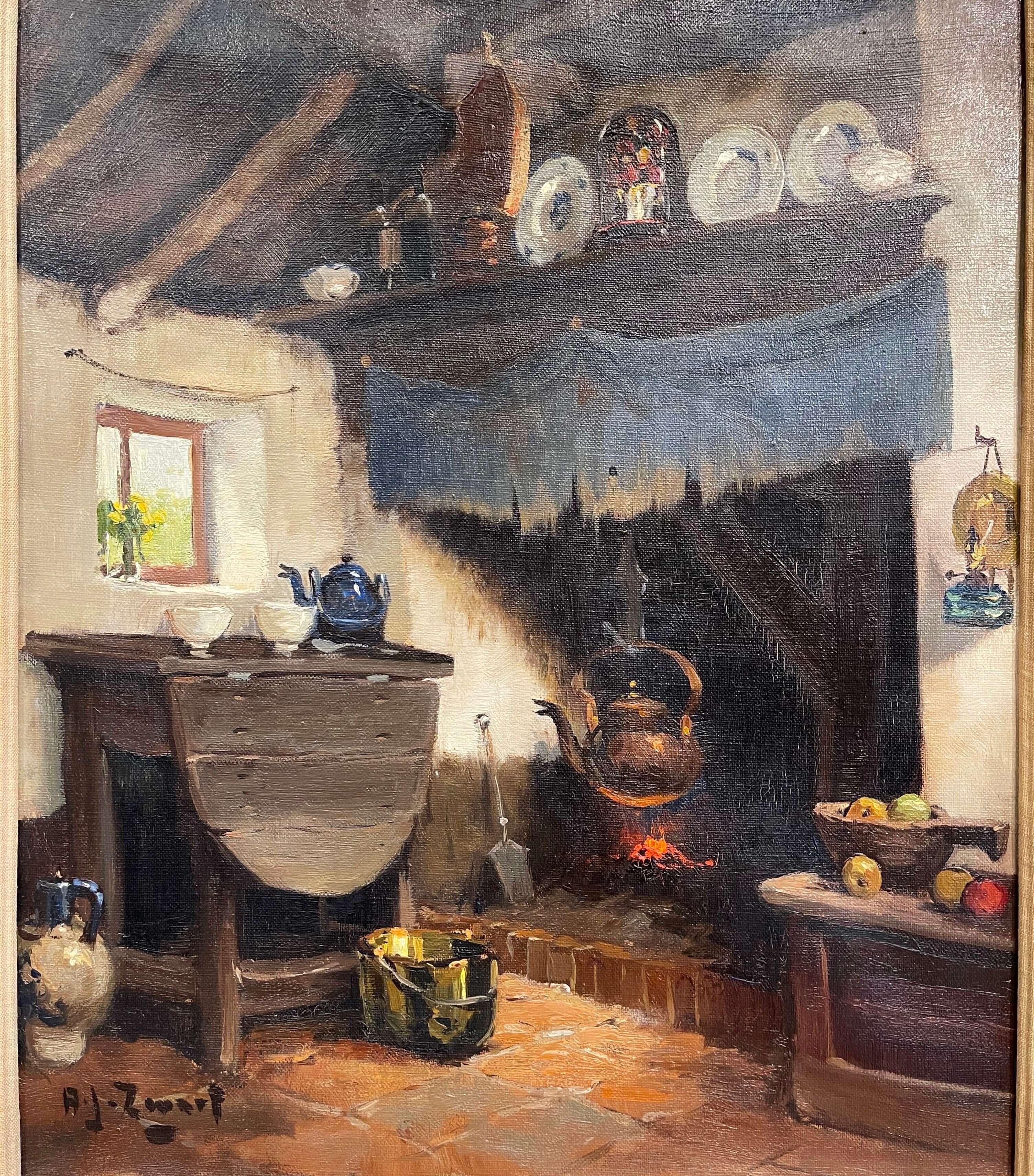 Decorate a study, living room, or kitchen with this beautiful and colorful antique oil on canvas painting! Painted in the Netherlands circa 1931, the artwork is set in a carved wood frame, and illustrates a picturesque home in rural Europe in a