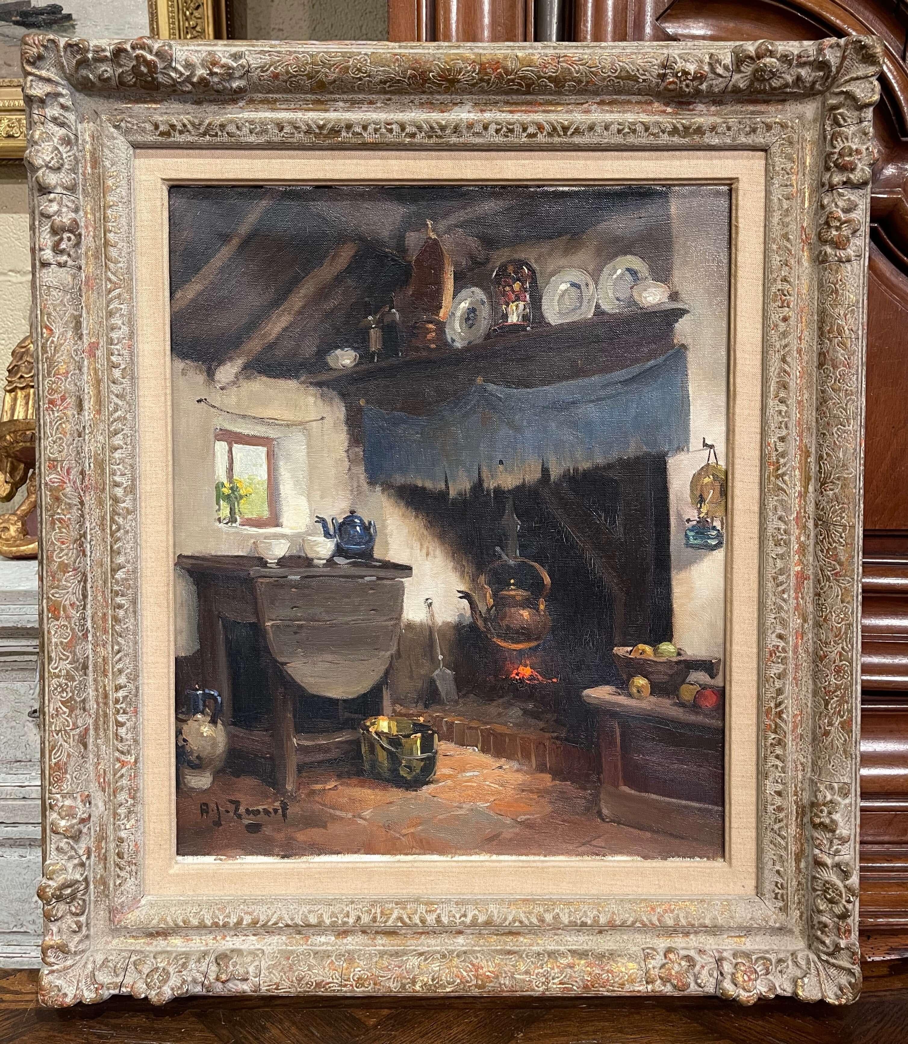 20th Century Framed Domestic Oil Painting Interior Scene Signed a. J. Zwart In Excellent Condition In Dallas, TX