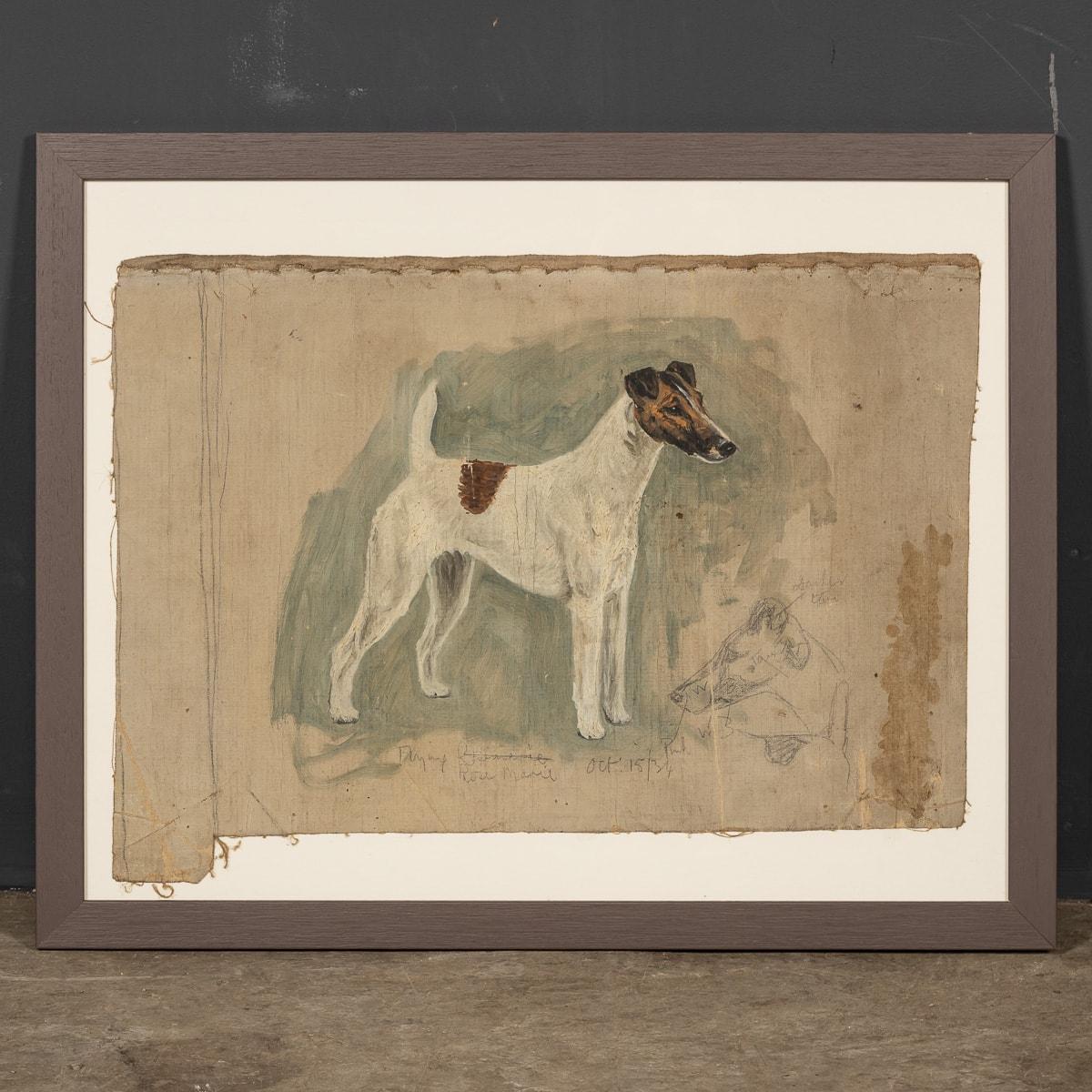 An antique 20th Century oil on canvas piece by Frederick Thomas Daws portraying a Fox Terrier. This framed picture shows sketch work and painting of this champion dog. It is signed F.T. Daws and dated 1934. This rare and distinctive artwork