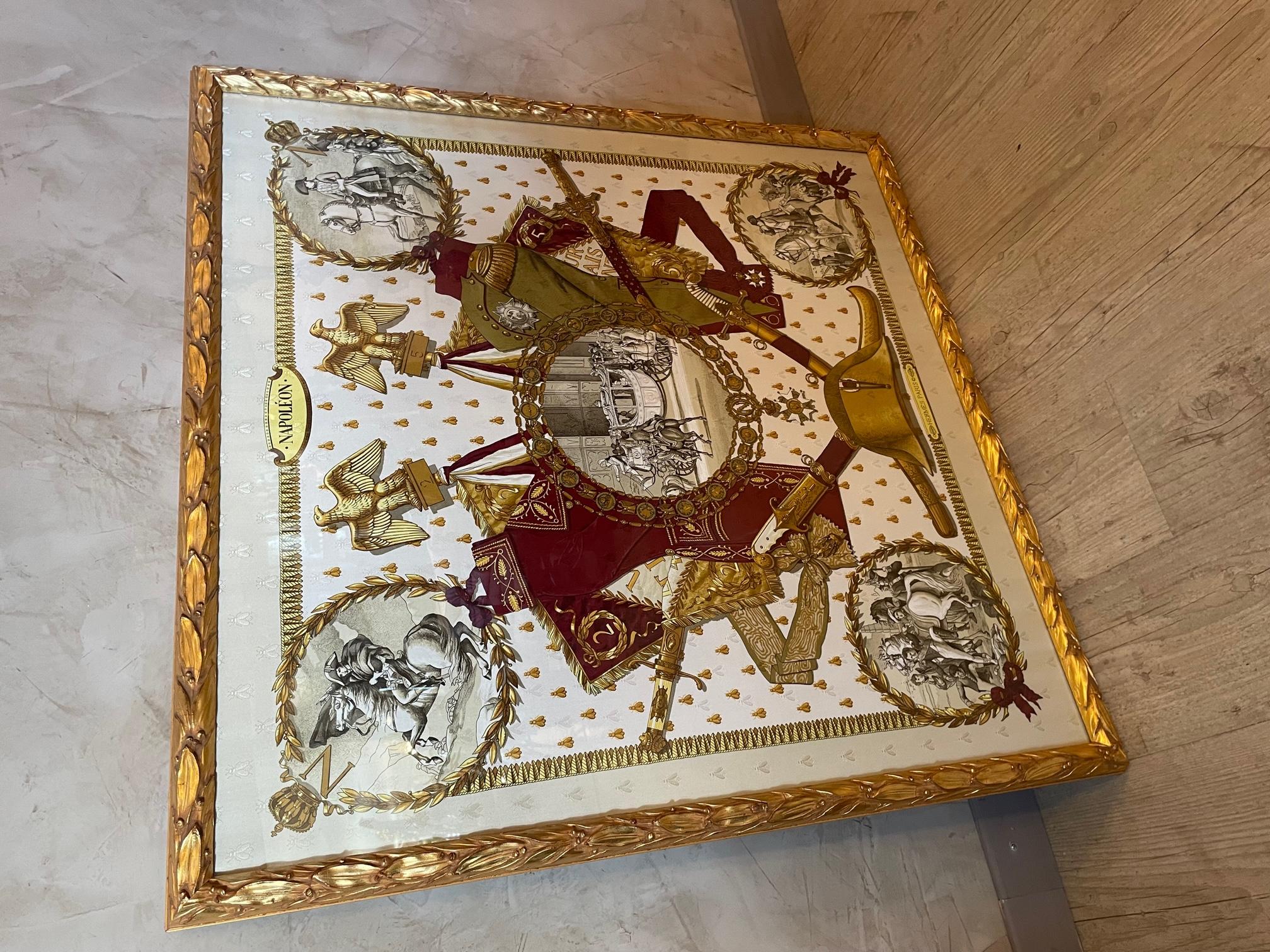 Exceptional Hermes silk scarf designed by Philippe Ledoux (signature on the right bottom). A lot of symbol are representing : 
There is a cocked hat, legion of honor, frock coat, eagle, bees.
In the center we can see the representation of the