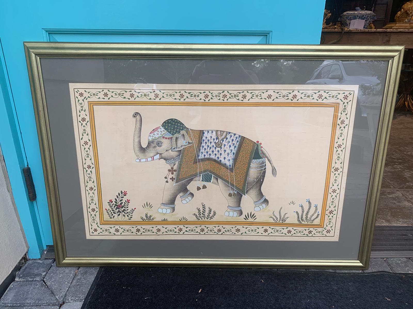 20th century framed Indian ceremonial elephant on silk.