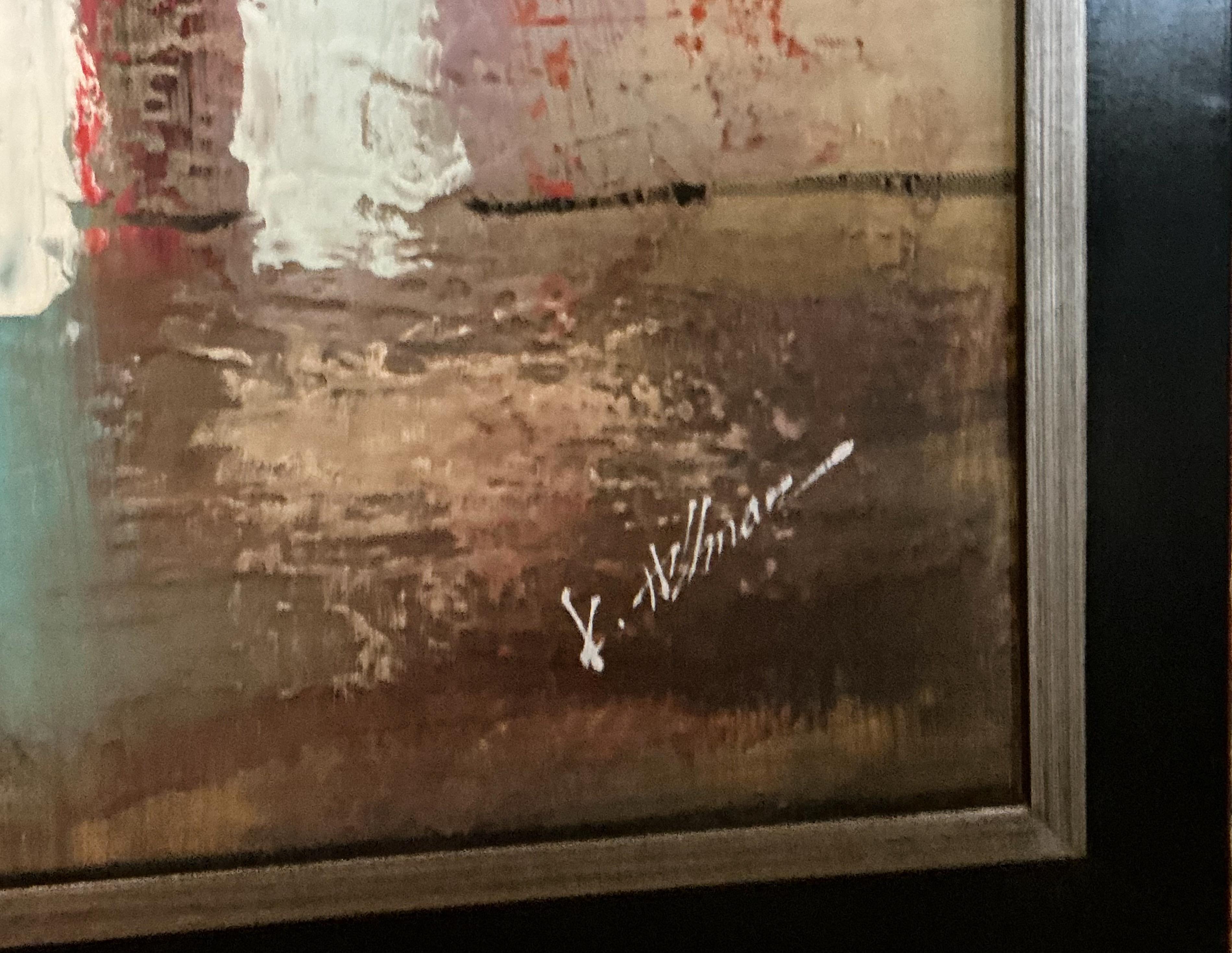 Questo è un moderno dipinto astratto a olio su tela di Kaye Hillman. Il pezzo risale molto probabilmente alla fine degli anni '70 o agli inizi degli anni '80. L'artista è americano e si è spento nel 1996. È firmato e in ottime condizioni.