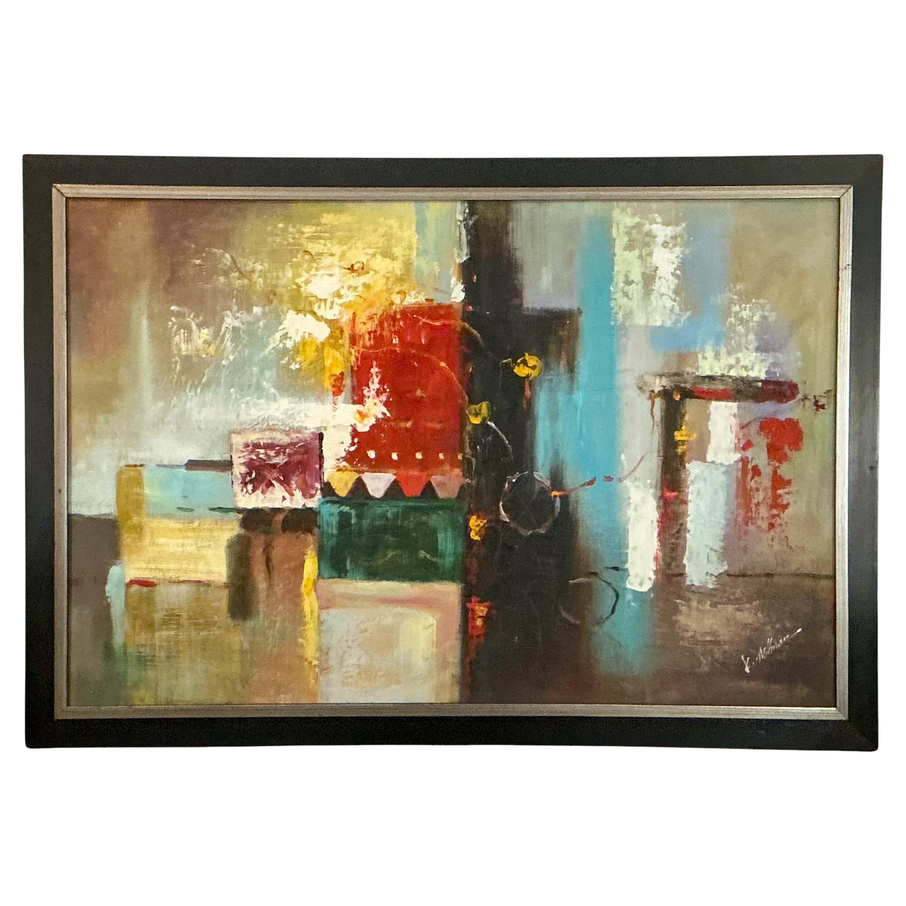 Pittura a olio astratta su tela con cornice del 20° secolo  Di Kaye Hillman in vendita