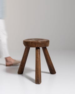 20th Century France Weathered Dark Oak Primitive Milking Stool