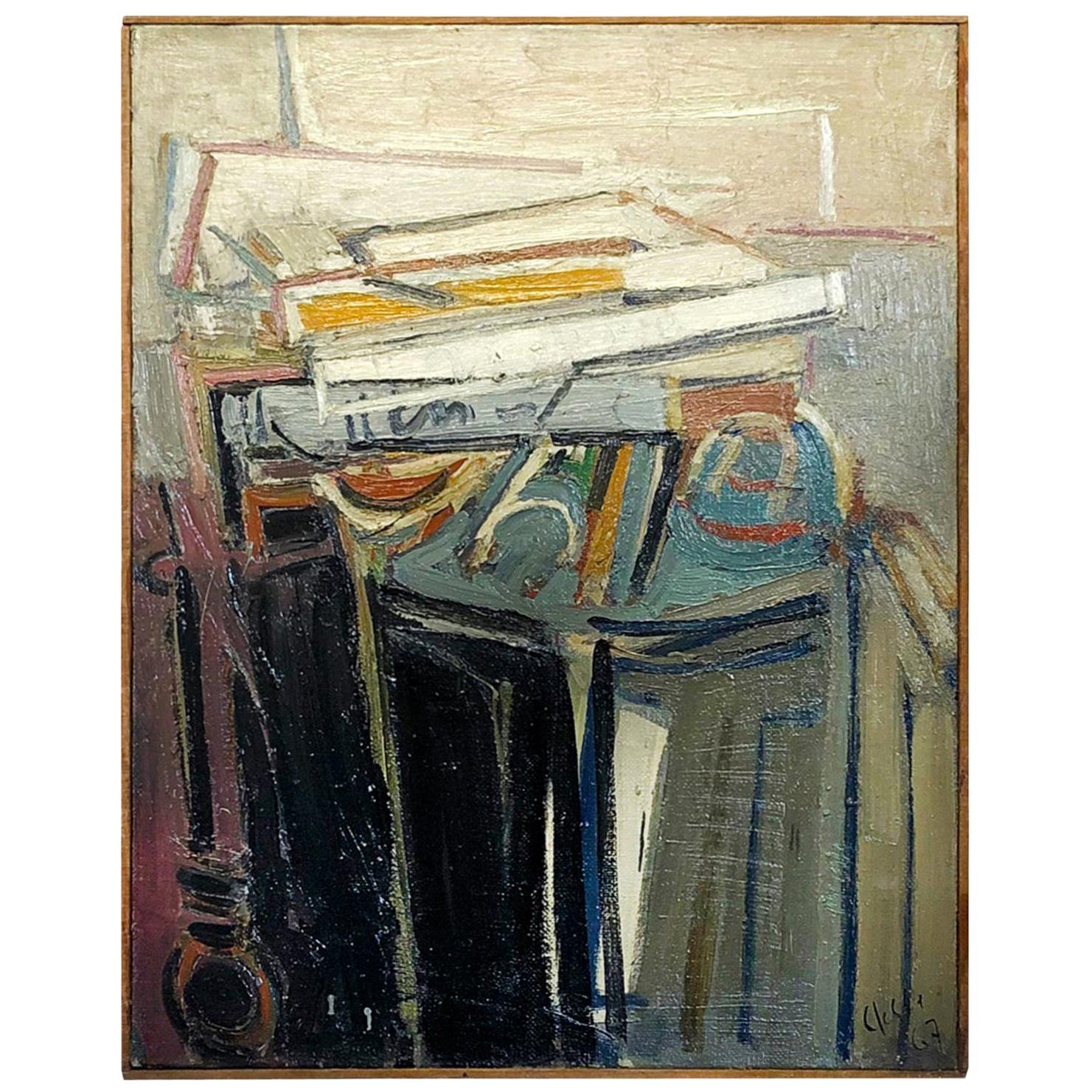 20th Century French Abstract Painting of Books on a Console by Daniel Clesse