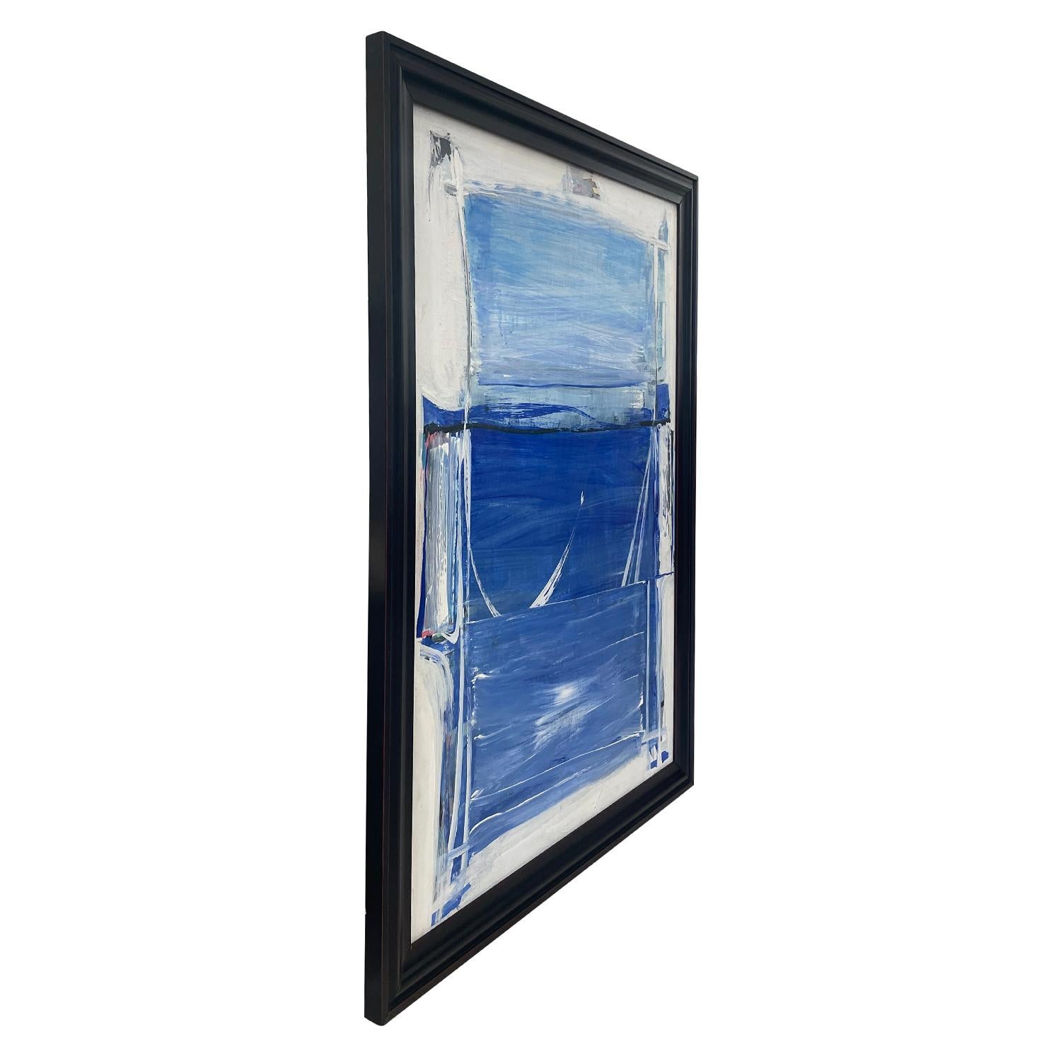 Une huile sur bois abstraite française du milieu du siècle, bleu clair et blanche, représentant une fenêtre, peinte par Daniel Clesse en bon état. Signé en bas à droite. Usure conforme à l'âge et à l'utilisation. Daté de 1989, Paris, France.

Sans