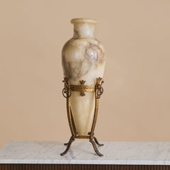 20th Century French Alabaster Vase + Gilt Metal Stand