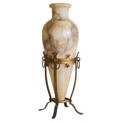 20th Century French Alabaster Vase + Gilt Metal Stand