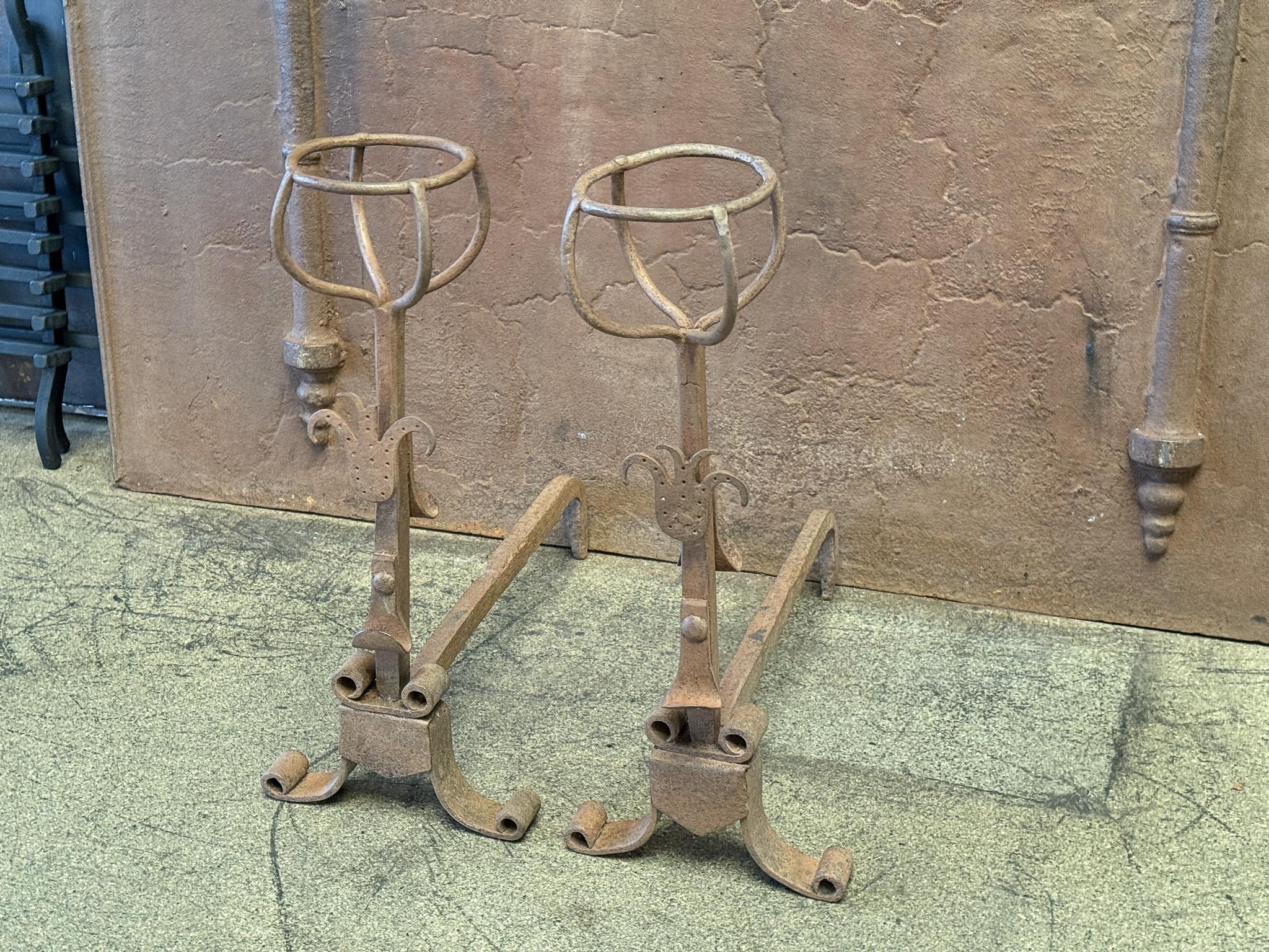 Wrought Iron 20th Century French Andirons or Firedogs, Gothic Style For Sale