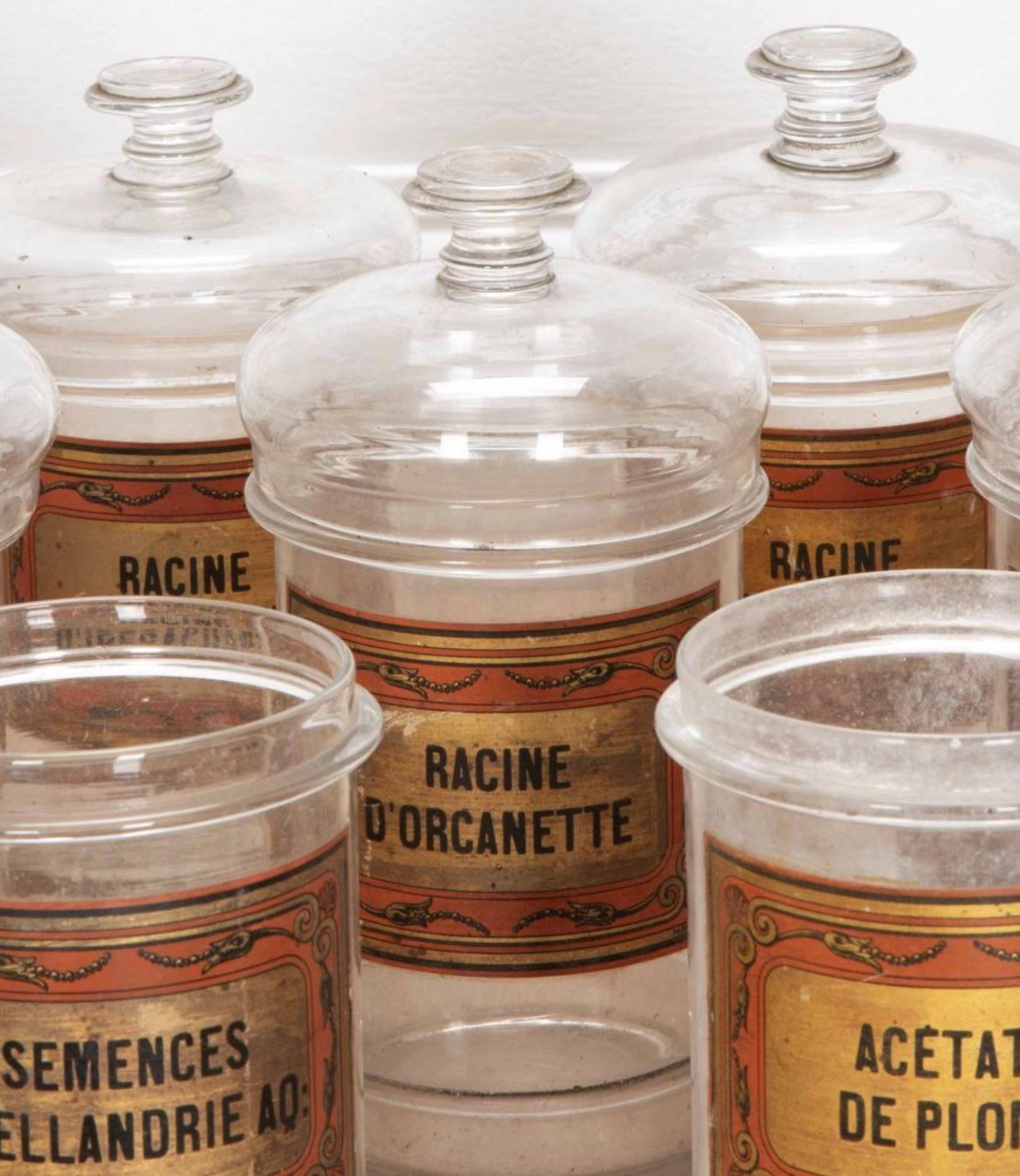 Satz von neun französischen Apothekengläsern. 

Jedes Label ist ein Unikat mit leichten Größenunterschieden pro Glas. Um 1900. 