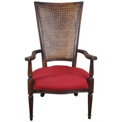 Vintage 20th Century French Armchair Distressed Walnut Caned Back Red Seat